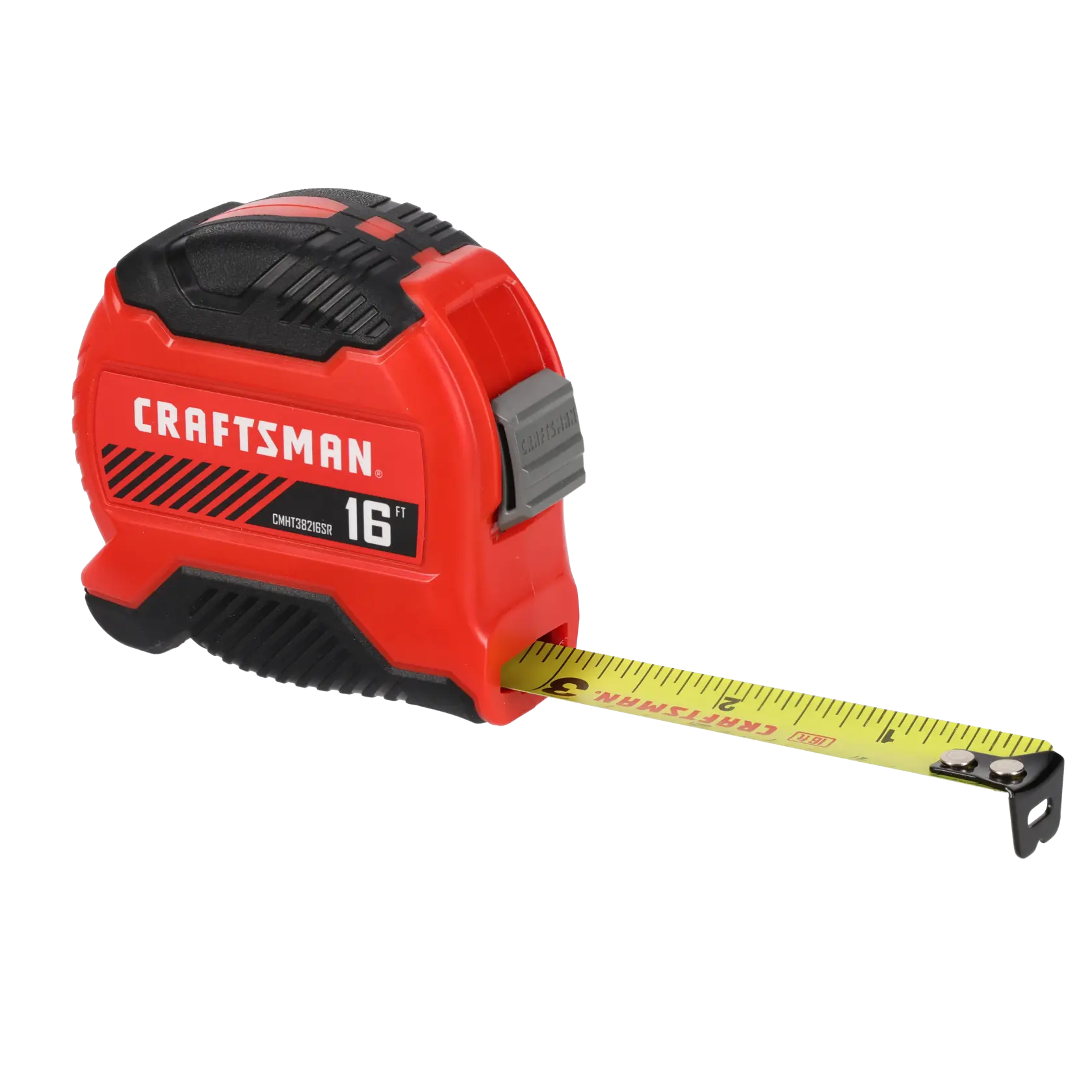 Photo of Craftsman tape measure CMHT38216SRL, red and black, 16 ft, side angle on white background.