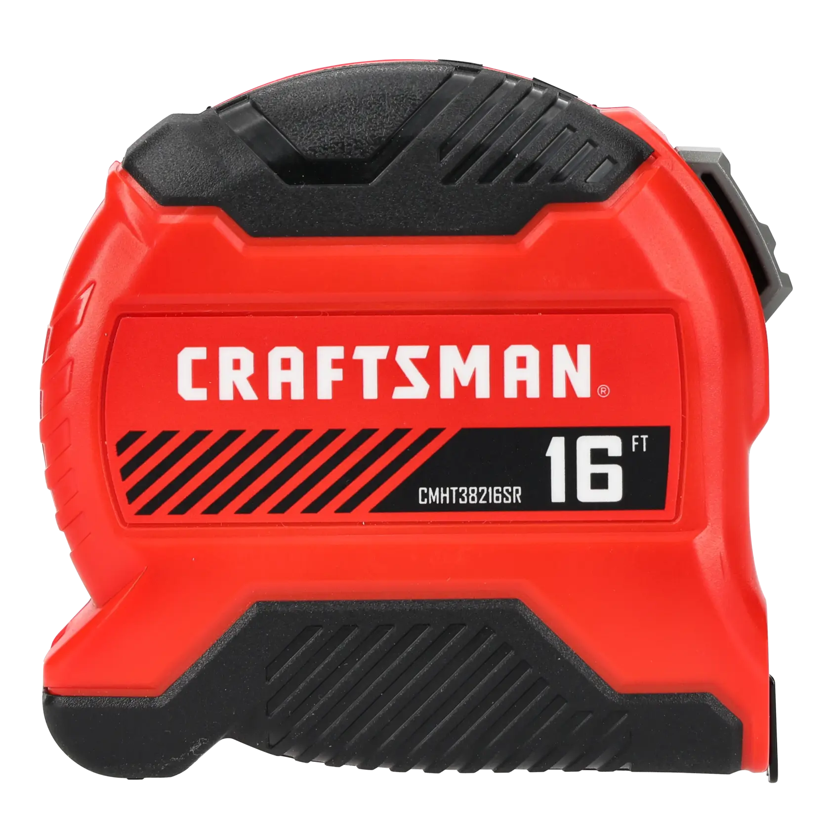 Photo of Craftsman 16 ft tape measure, CMHT38216SRL, red and black, product side view on white background.