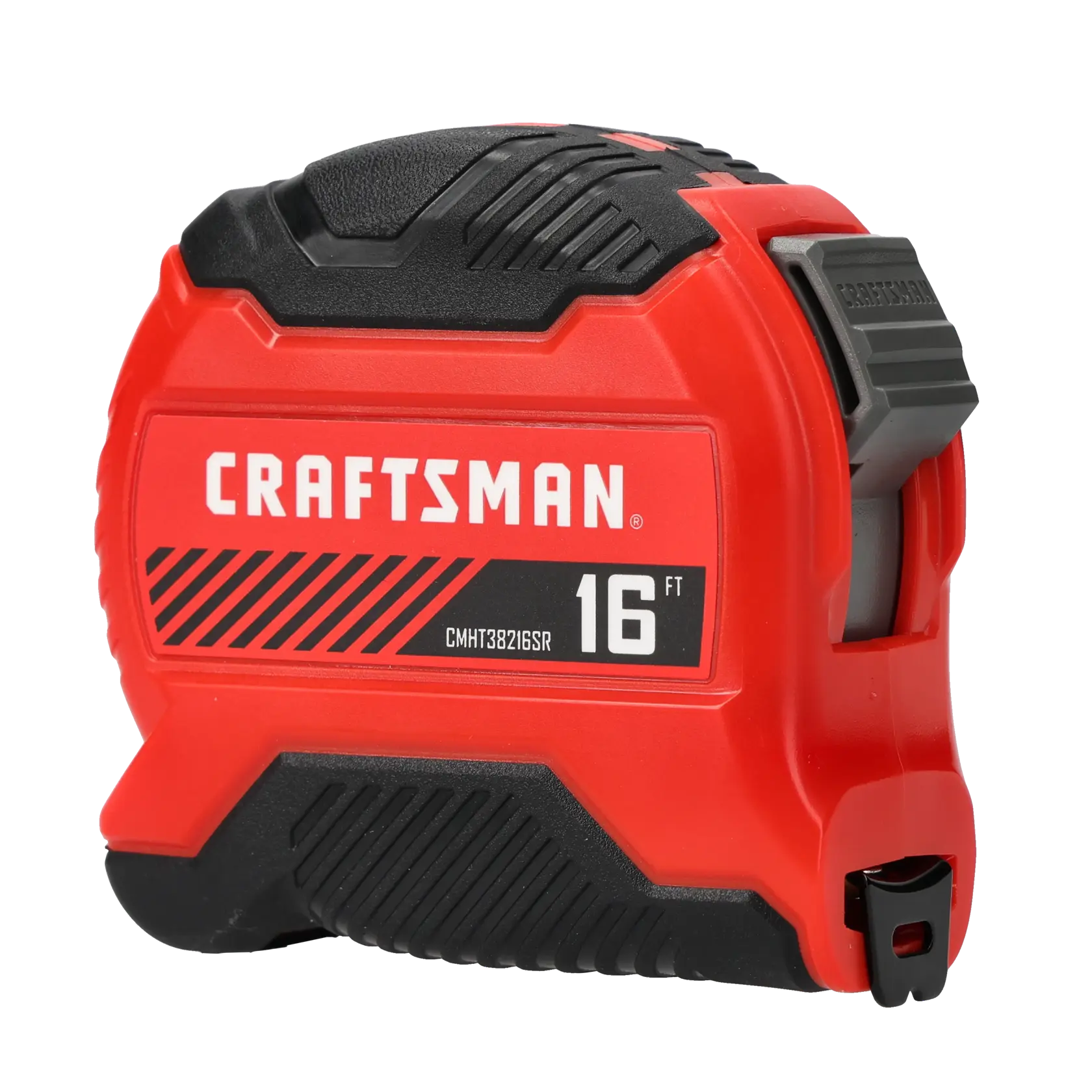 Photo of Craftsman tape measure CMHT38216SRL, red and black, 16 ft, front angle, white background.
