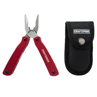 A red-handled multi-tool plier with 'CRAFTSMAN' written on the handles, shown next to a black carrying pouch with a snap closure and a 'CRAFTSMAN' logo.