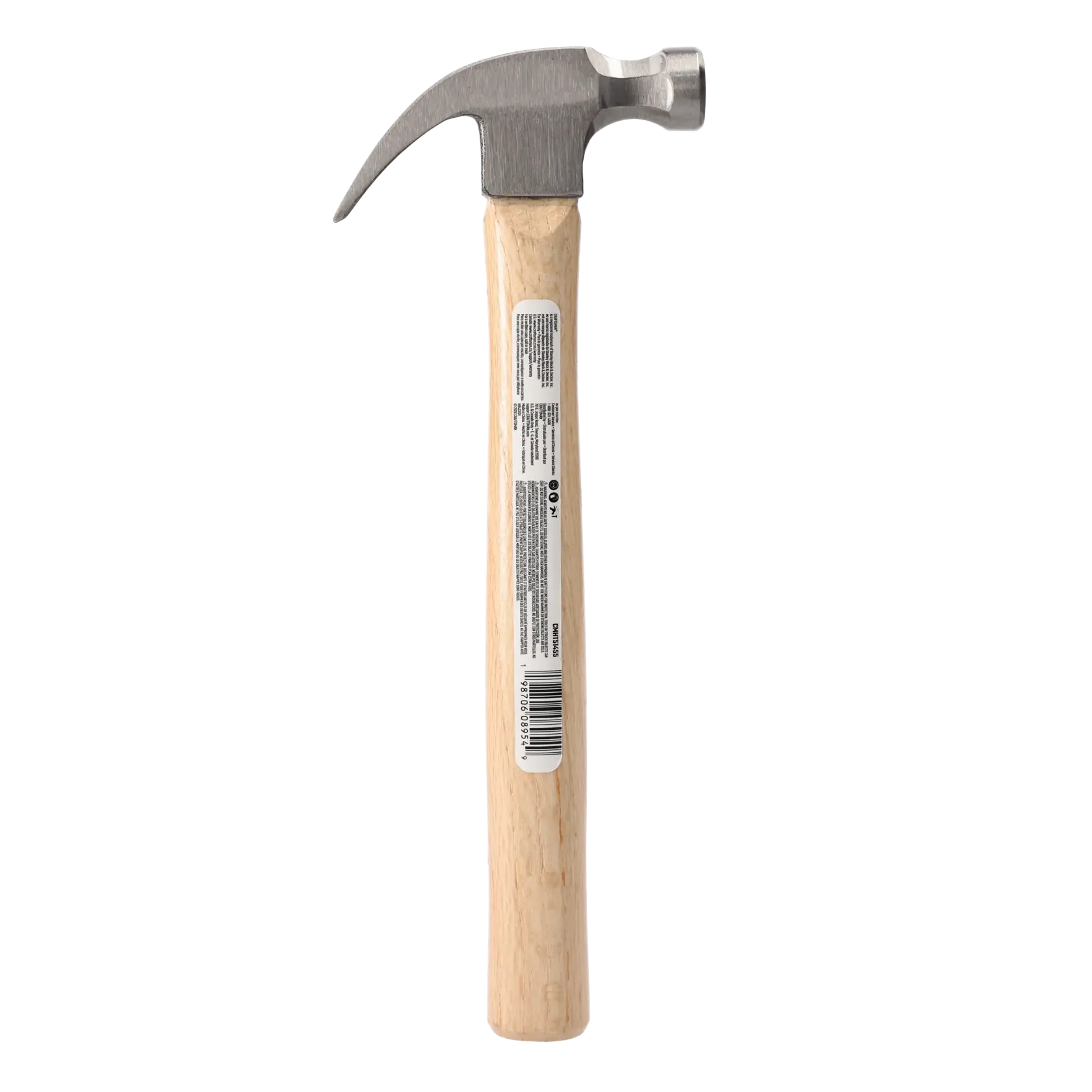 Photo of Craftsman claw hammer CMHT51455L with wood handle front angle, white background.