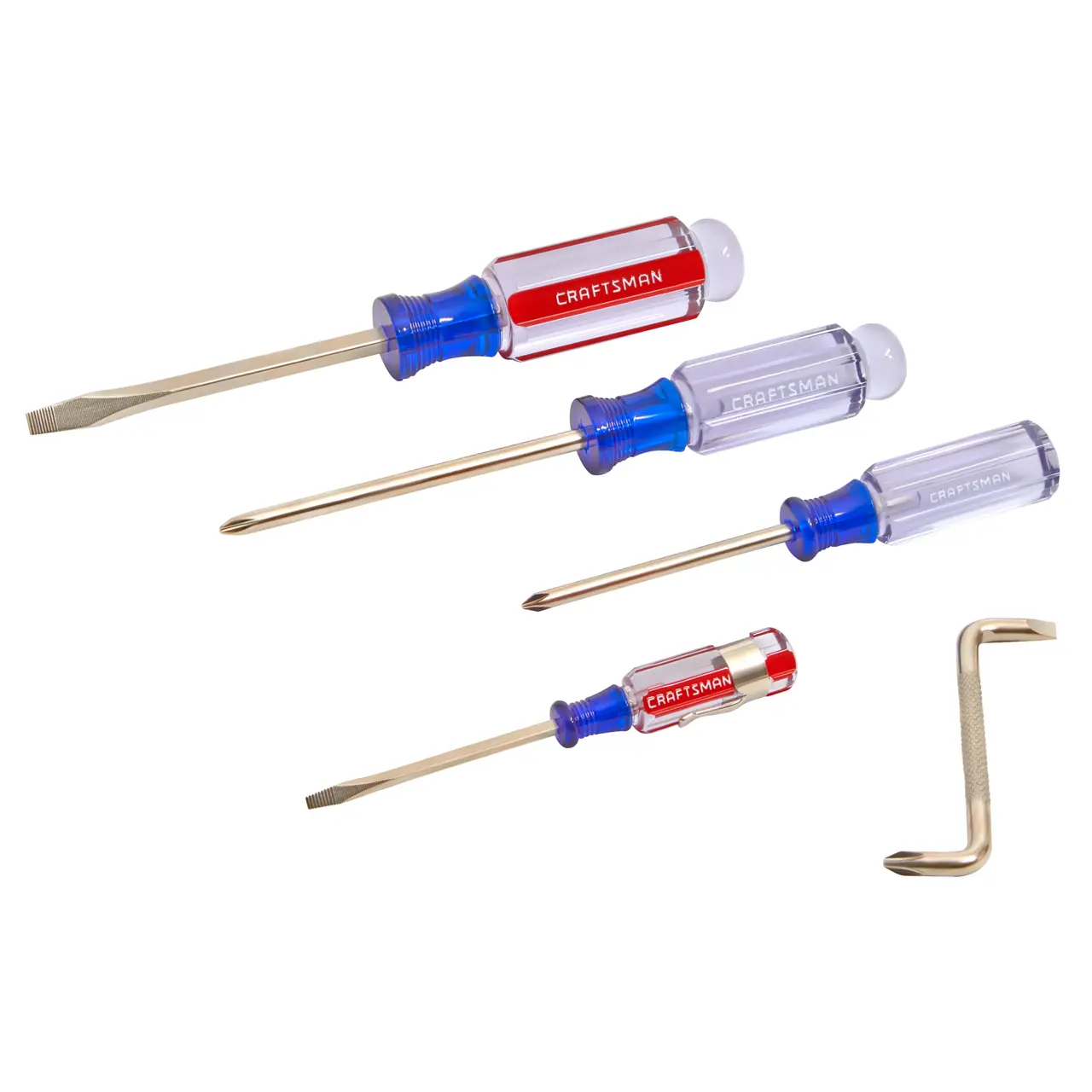 Photo of Craftsman screwdriver and hex key set, clear and blue handles, SKU CMHT65050, top angle on white.