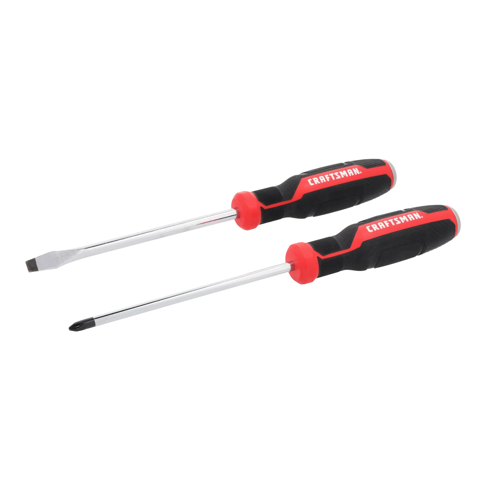 Two screwdrivers with black and red handles, one with a flathead tip and the other with a Phillips head tip, both labeled with 'CRAFTSMAN'.