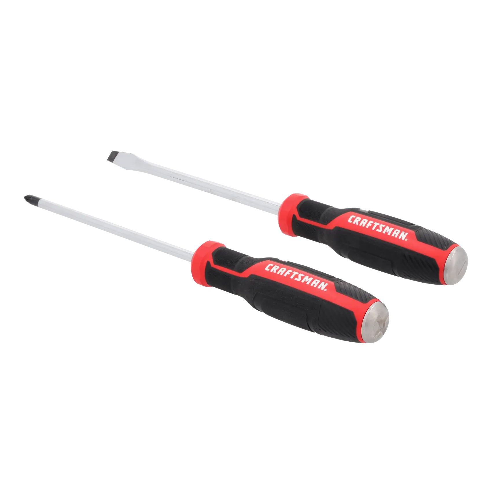 Two Craftsman screwdrivers, one with a flathead tip and one with a Phillips tip, both featuring black and red handles.