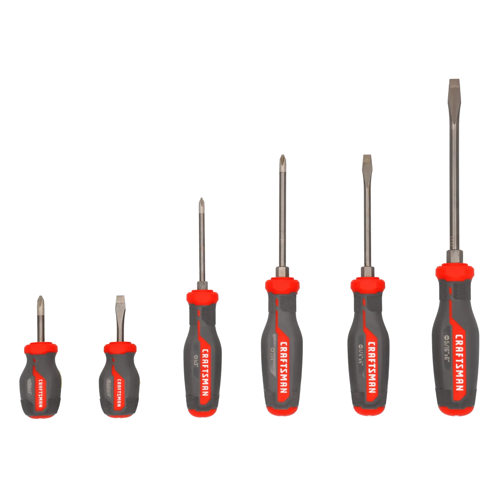 A set of six Craftsman screwdrivers with gray and red handles, including three flathead and three Phillips head screwdrivers, arranged in order of increasing size from left to right.