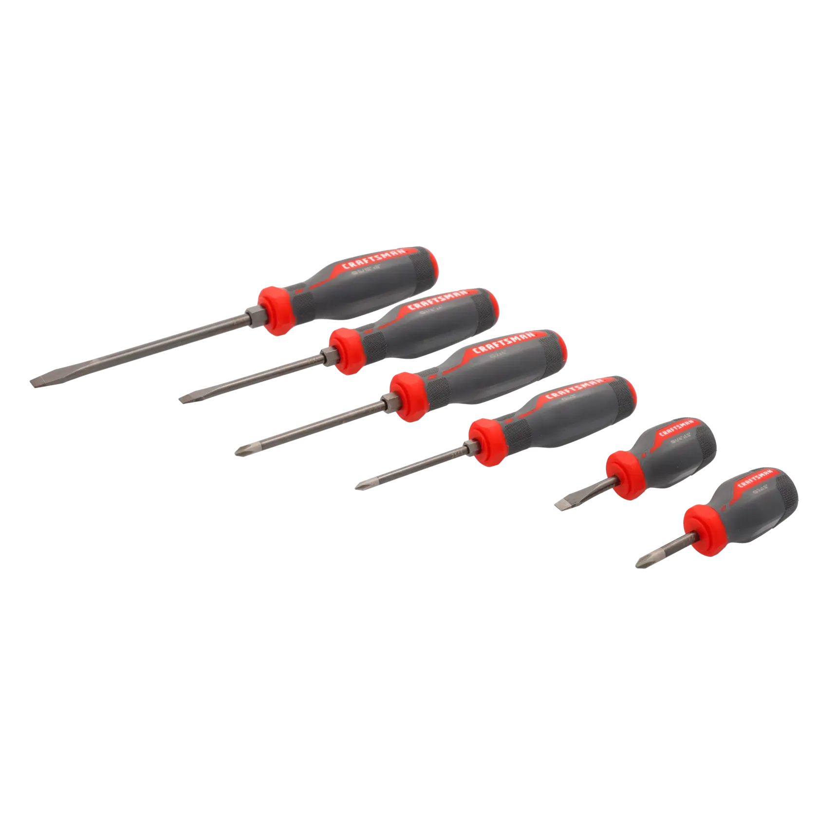A set of six Craftsman screwdrivers with red and black handles, arranged in a row on a white background. The set includes both flathead and Phillips head screwdrivers in various sizes.