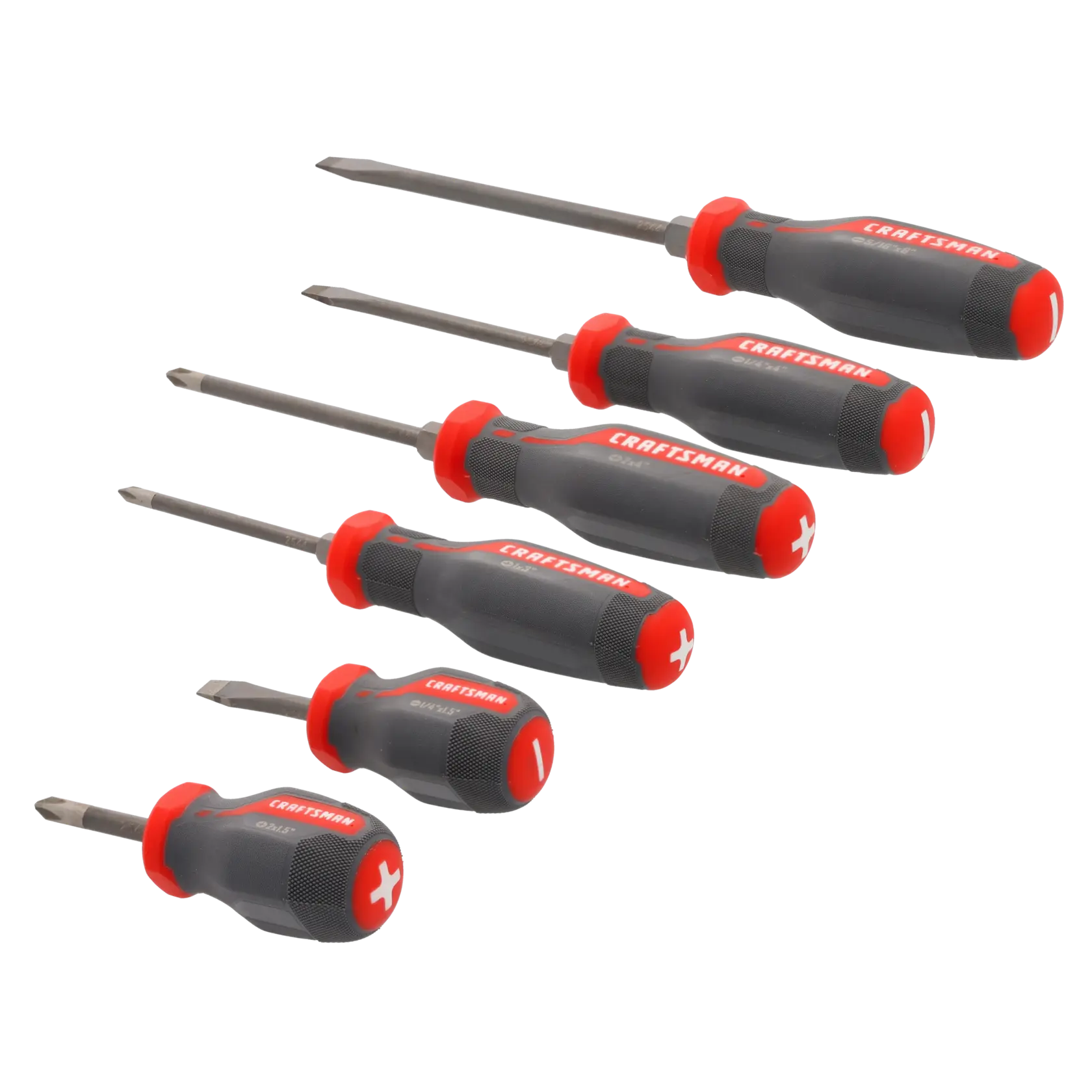 A set of six screwdrivers with black and red handles, displayed on a white background. The set includes both flathead and Phillips head screwdrivers, and the handles are labeled with the brand name and tip type.