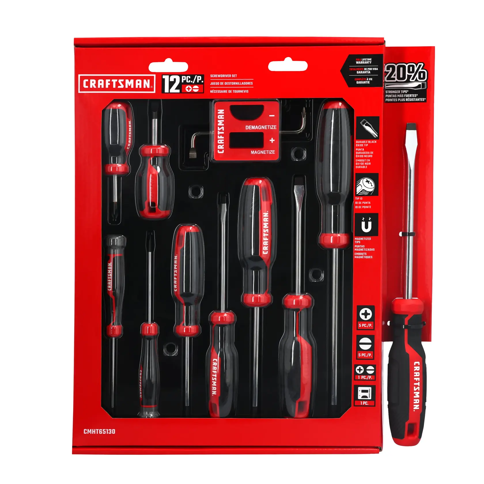 A set of assorted screwdrivers with red and black handles, an L-shaped hex key, and a red plastic tool labeled 'CRAFTSMAN.' The screwdrivers are arranged in a row and include both flathead and Phillips head types in various sizes.