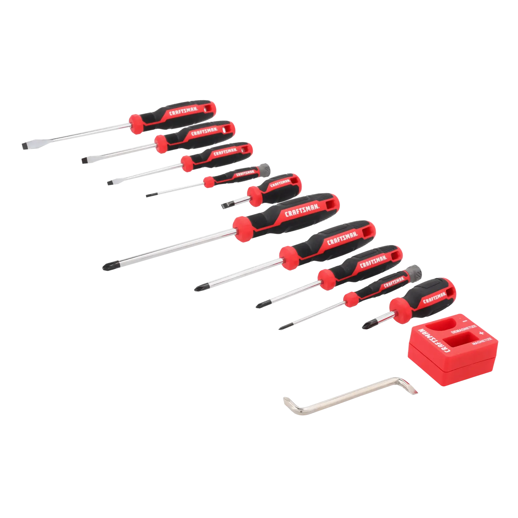 A set of ten Craftsman screwdrivers with red and black handles, an L-shaped hex key, and a red plastic holder, arranged on a white background.