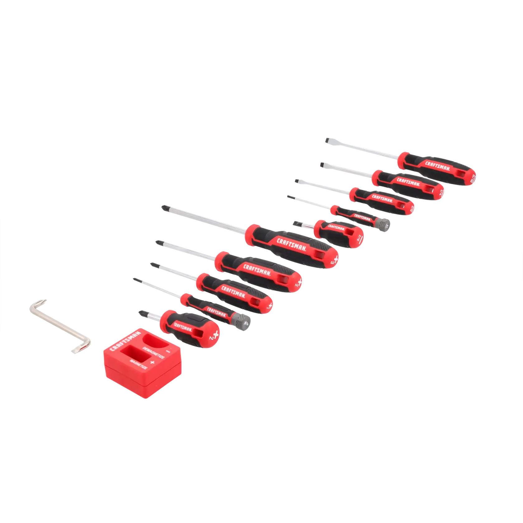 Set of nine red and black screwdrivers of various sizes, a red storage block for the screwdrivers, and a metal hook, arranged on a white background.