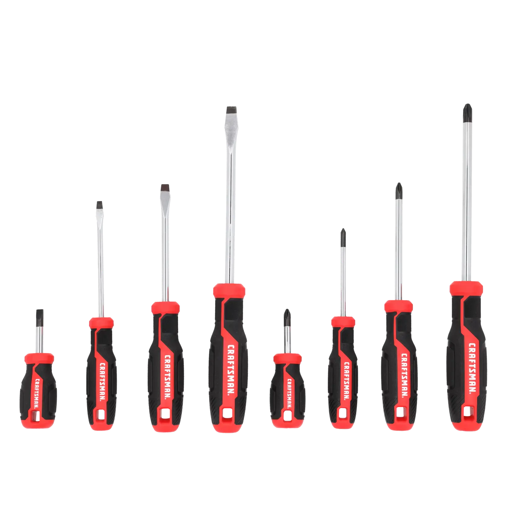 A set of eight screwdrivers with black and red handles arranged in a row. There are both flathead and Phillips head screwdrivers of different sizes. The handles display the brand name 'CRAFTSMAN'.