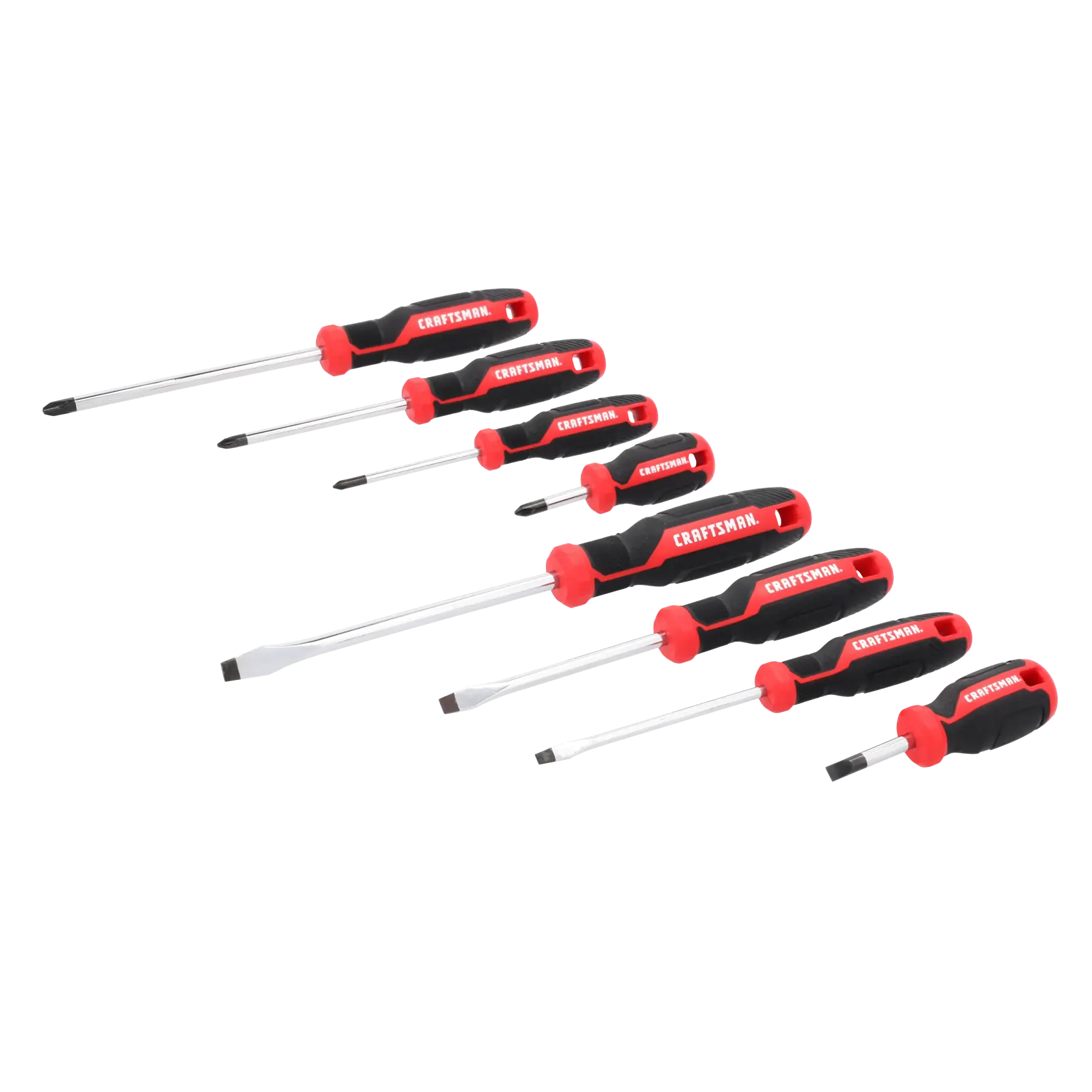 A set of eight Craftsman screwdrivers in various sizes, with black and red handles. The set includes both flathead and Phillips screwdrivers arranged in a row on a white background.