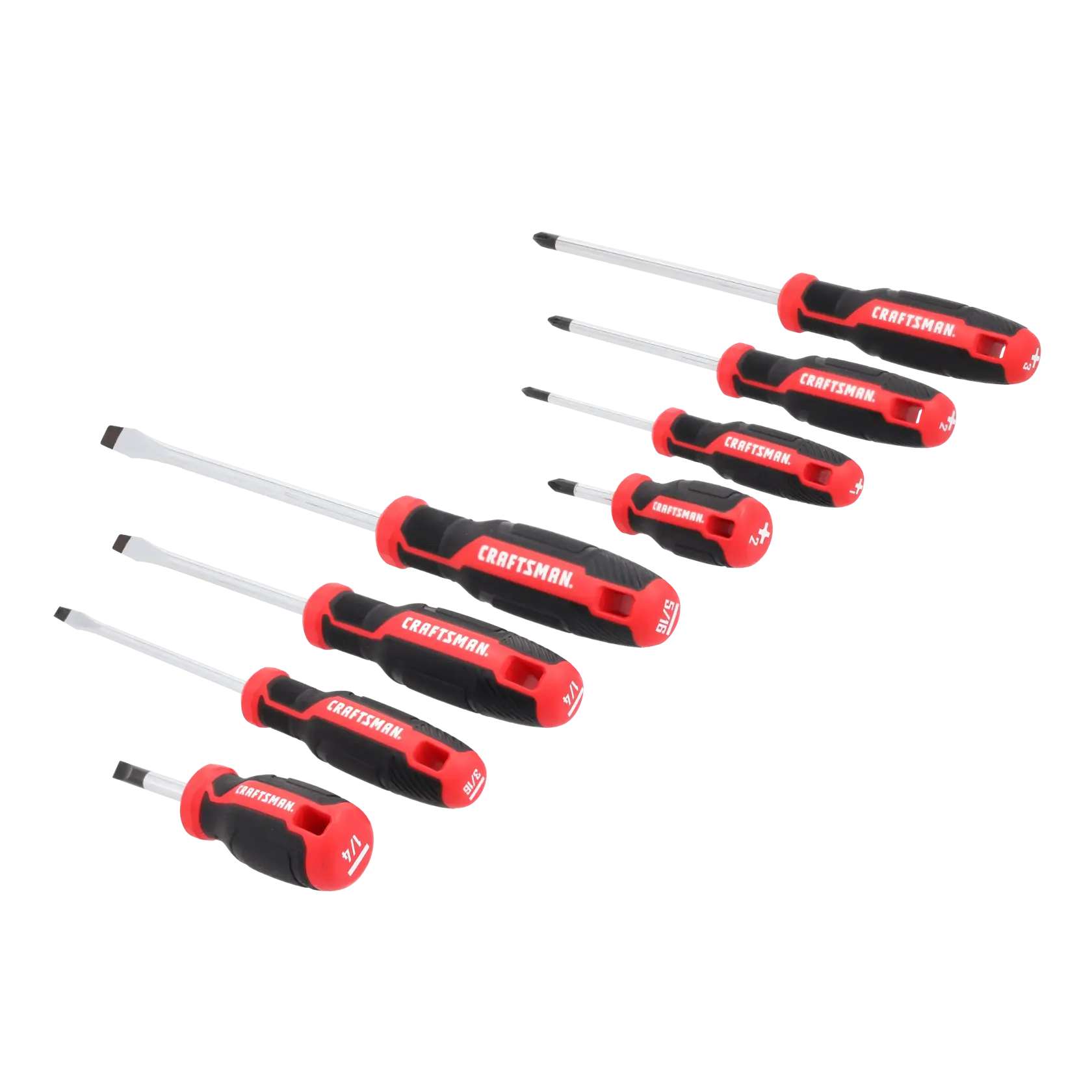 A set of seven Craftsman screwdrivers with red and black handles, including both flathead and Phillips head types, arranged in a diagonal row on a white background.