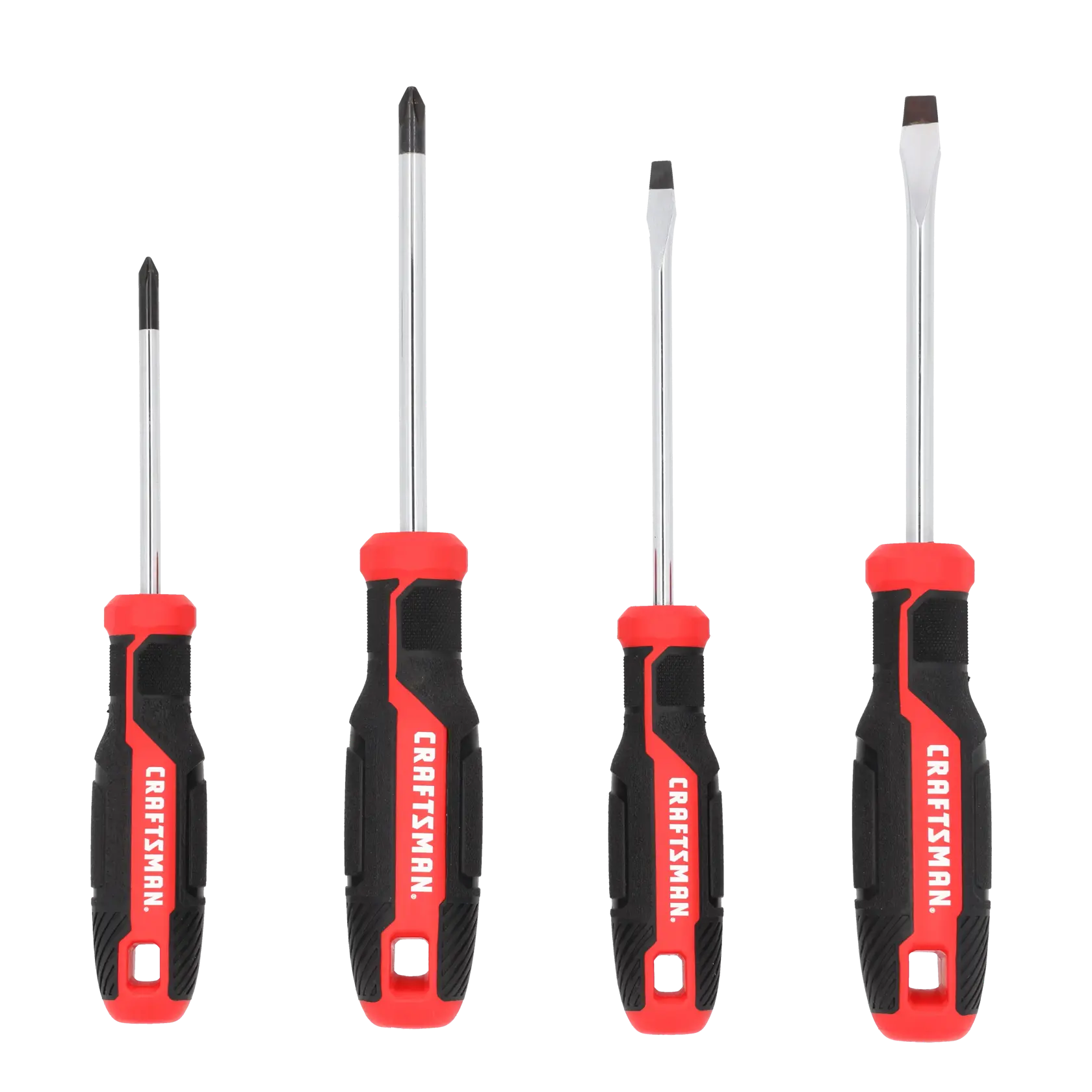 A set of four Craftsman screwdrivers with black and red handles. Two screwdrivers have Phillips tips and two have flathead tips, arranged side by side against a white background.