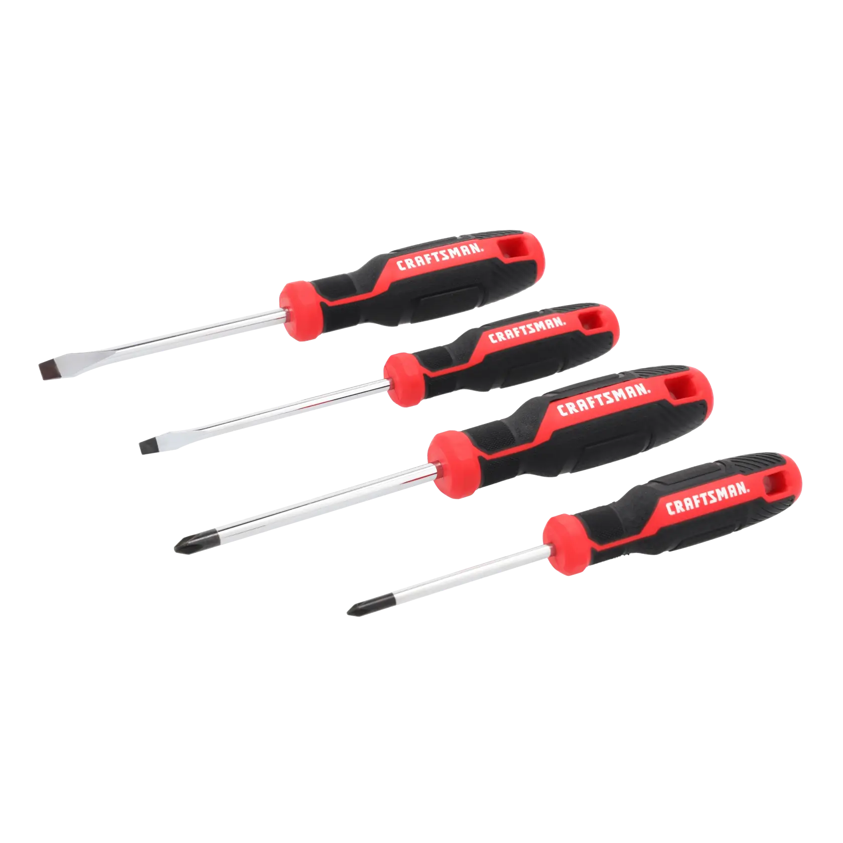Four Craftsman screwdrivers with black and red handles, featuring two flathead and two Phillips head types, arranged side by side on a white background.