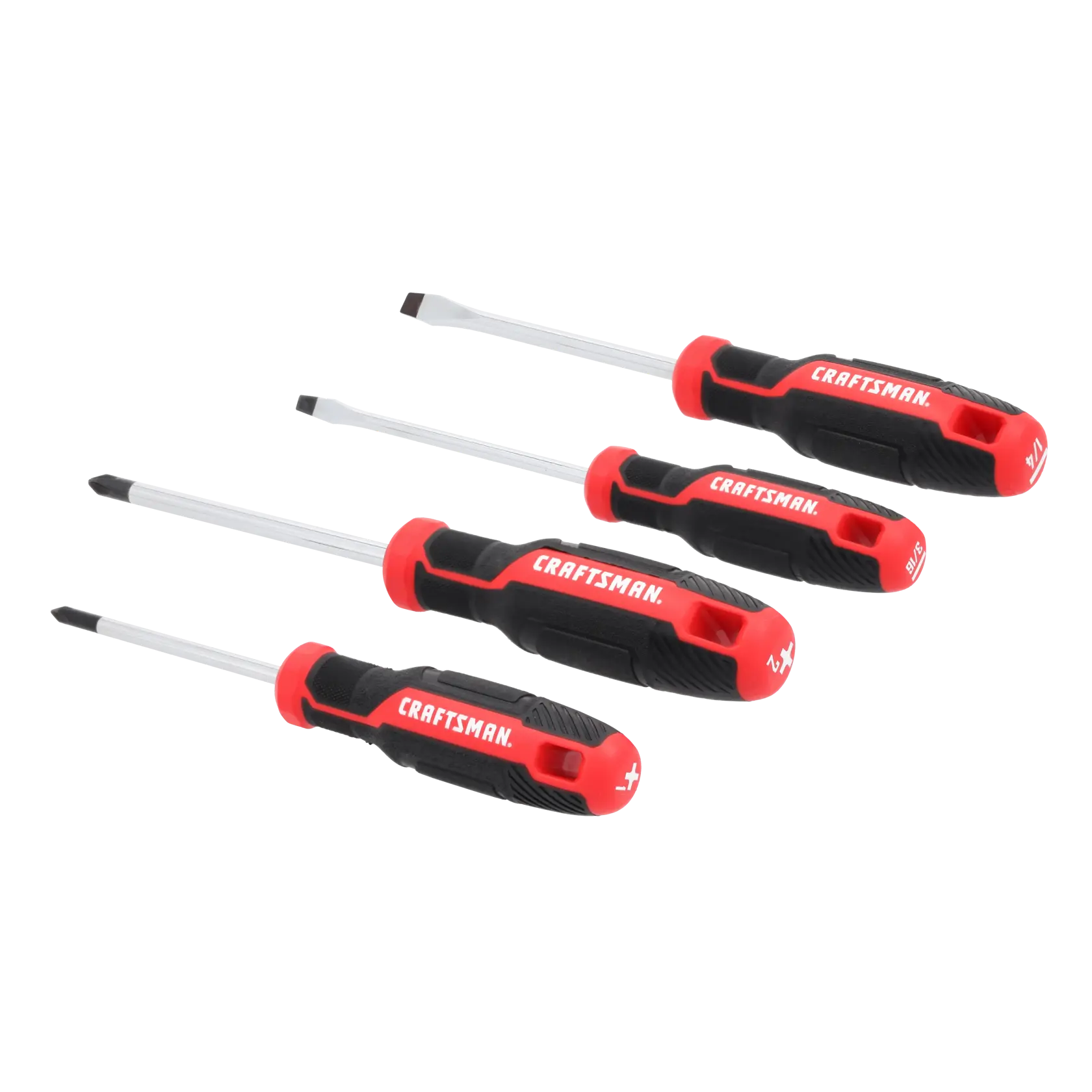A set of four Craftsman screwdrivers with black and red handles, including both flathead and Phillips head types, arranged in a row on a white background.