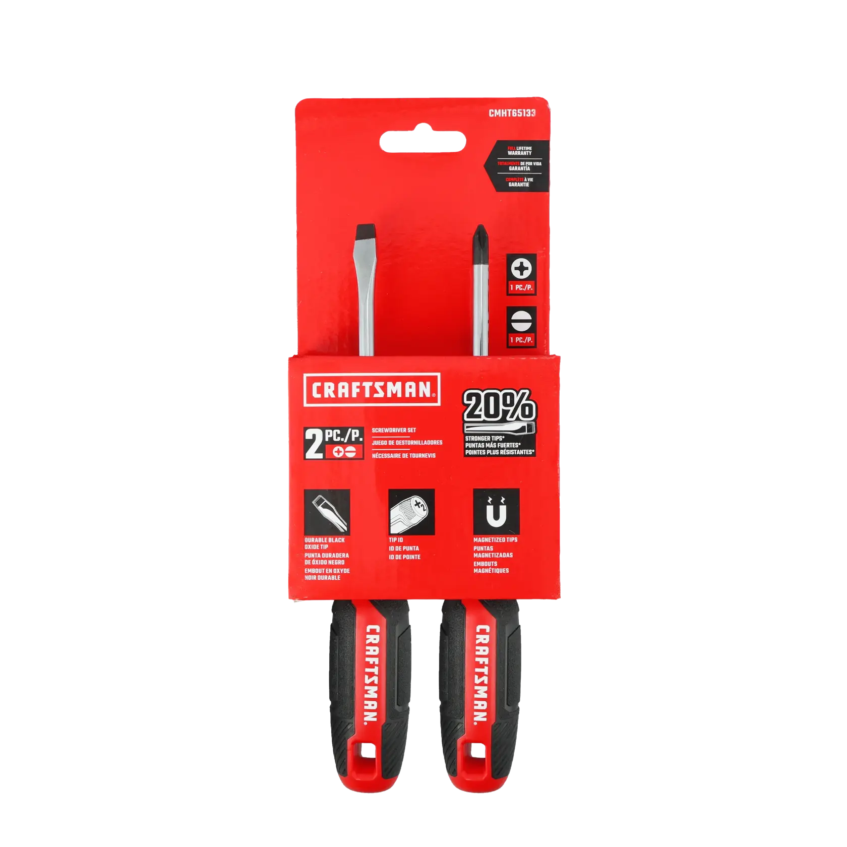 Two screwdrivers with black and red handles are shown side by side. The left screwdriver has a flat head, and the right one has a Phillips head. Both handles feature the 'CRAFTSMAN' logo.