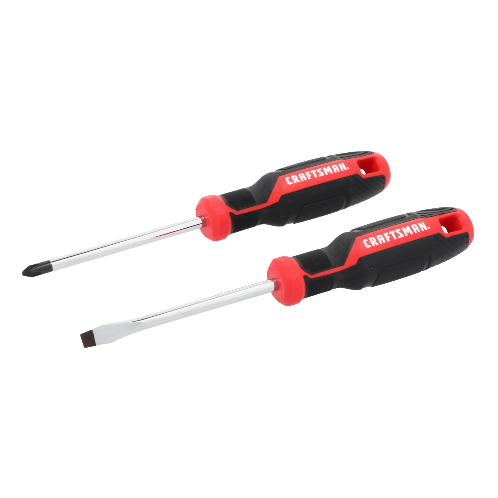 Two Craftsman screwdrivers, one with a Phillips head and one with a flathead, featuring black and red ergonomic handles.