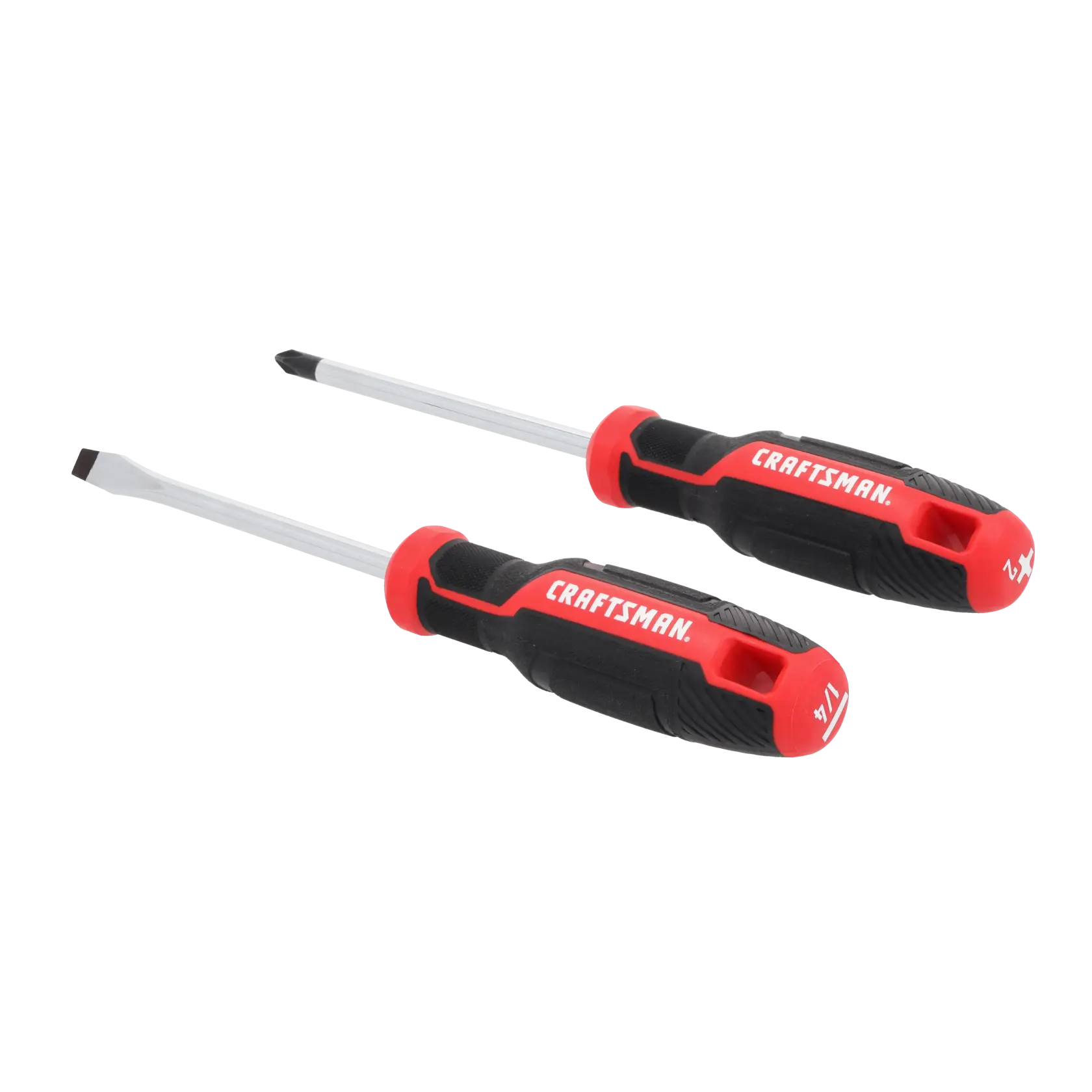 Two screwdrivers with black and red handles, one with a flat head and one with a Phillips head, placed side by side on a white background.