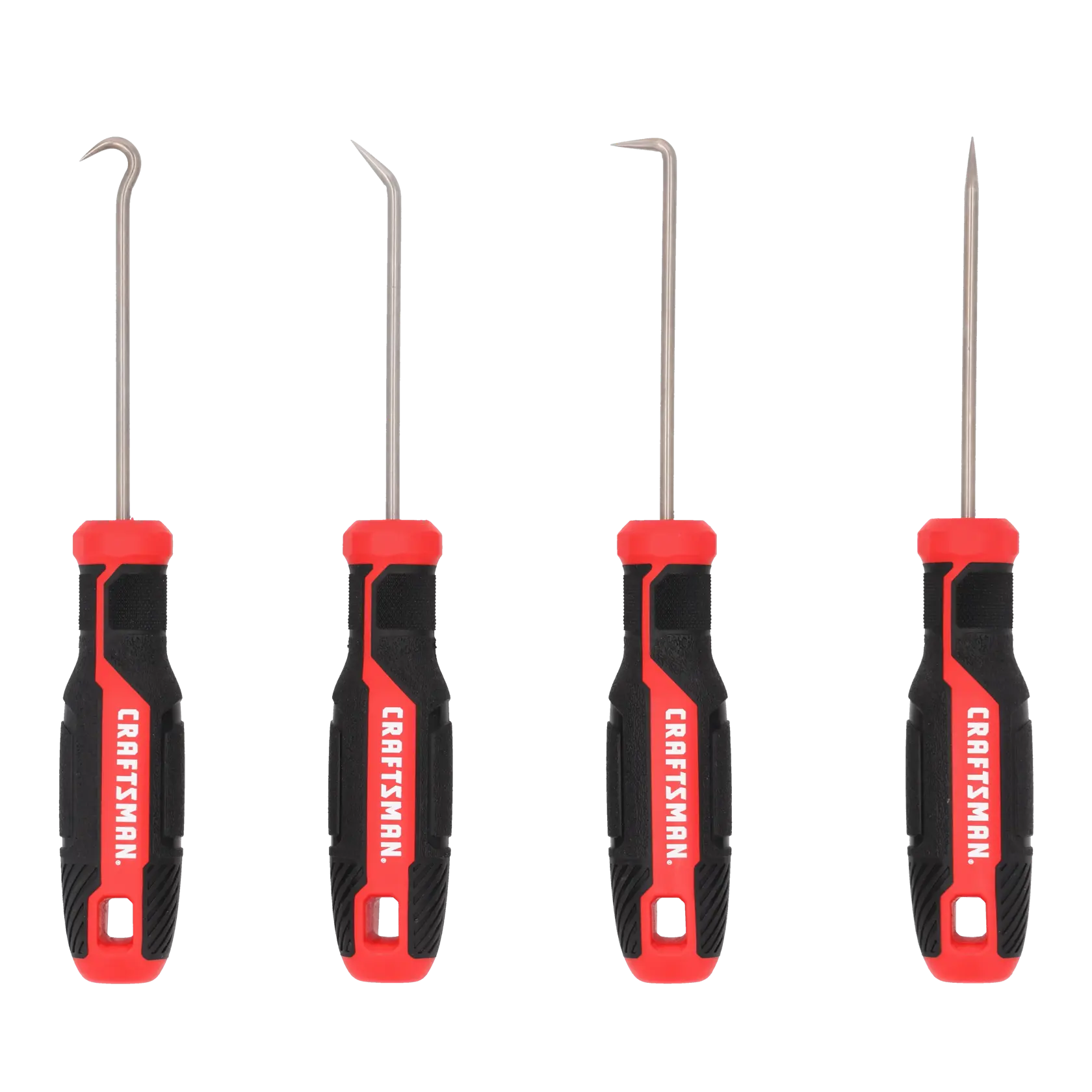 Four metal pick tools with black and red handles, arranged side by side. Each tool has a different shaped tip for various tasks.