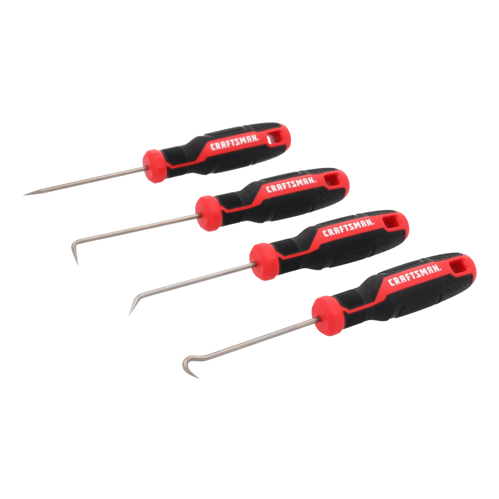 A set of four metal pick tools with black and red handles labeled 'Craftsman'. Each tool has a different shaped tip, including straight and hooked ends.