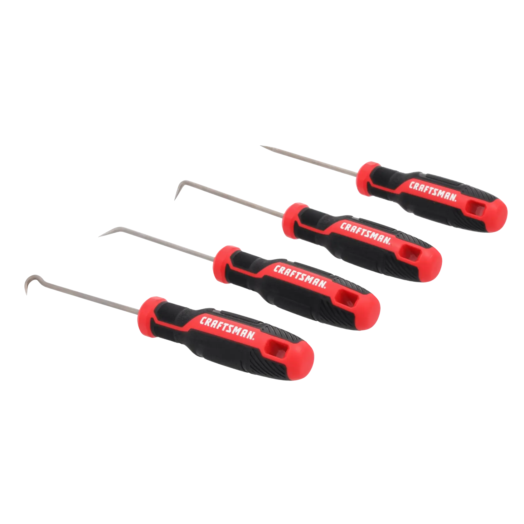 A set of four precision pick tools with black and red handles, each handle branded with the word 'Craftsman'. The tools have metal shafts with different shaped tips, suitable for detailed work in tasks like mechanics or electronics.