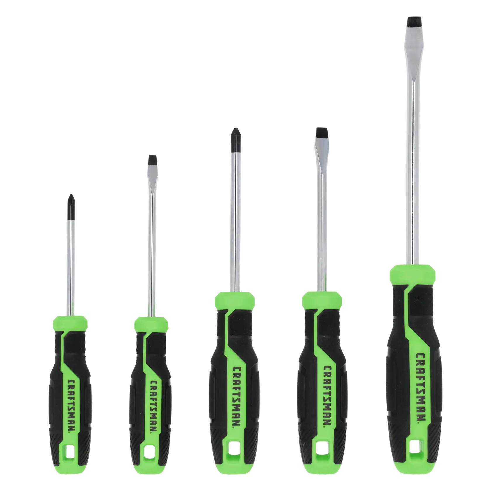A set of five Craftsman screwdrivers with black and green handles, arranged upright in a row. The set includes both flathead and Phillips head screwdrivers of different sizes.