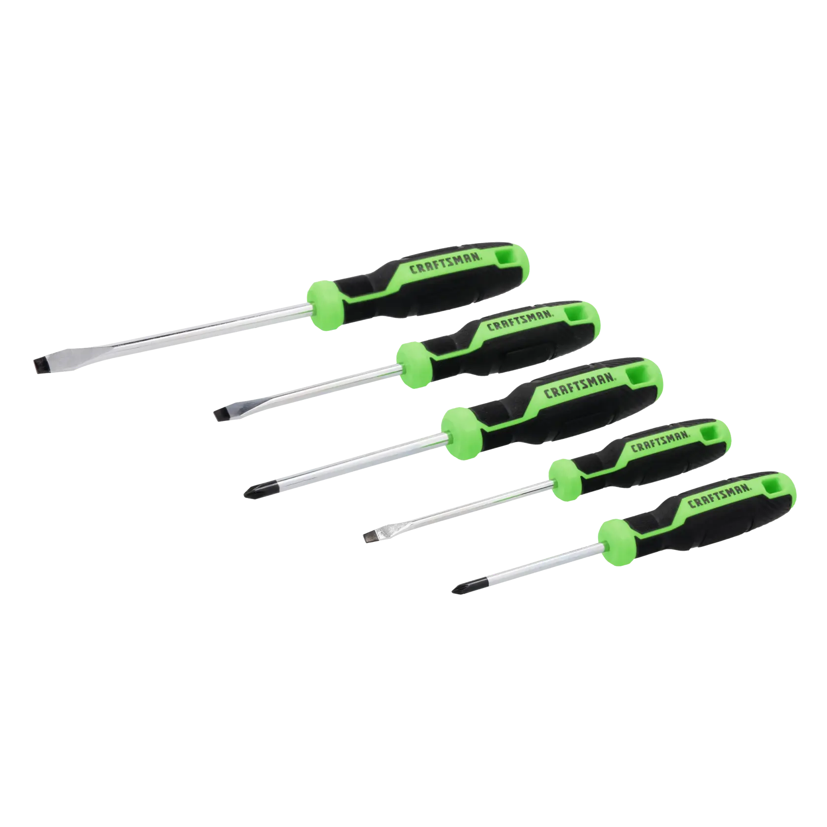 A set of five screwdrivers with black and green handles labeled 'Craftsman'. The set includes both flathead and Phillips head screwdrivers arranged side by side on a white background.