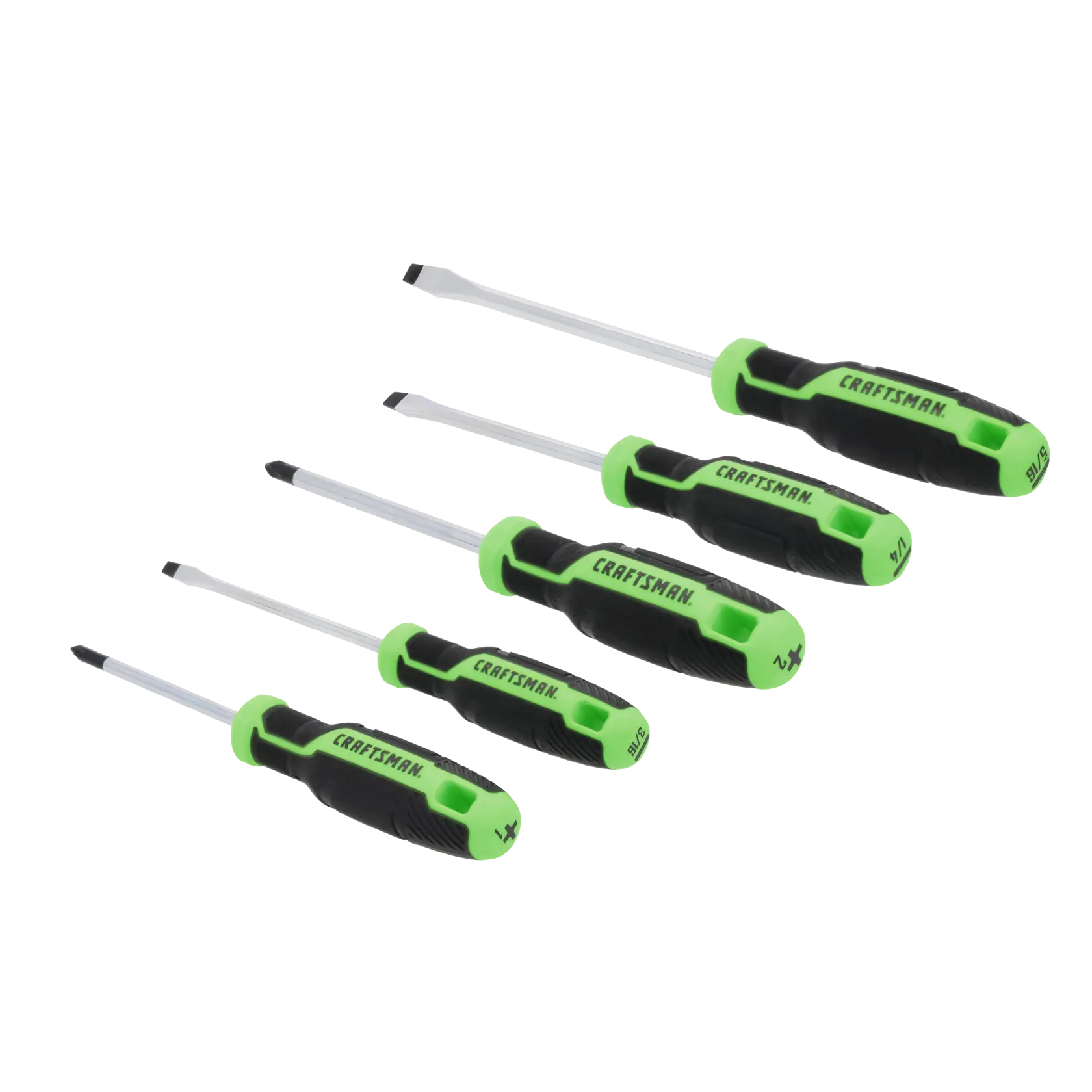 A set of five screwdrivers with black and green handles, arranged in a row. The screwdrivers have different tip types, including flathead and Phillips, and the handles are labeled with the brand name and sizes.