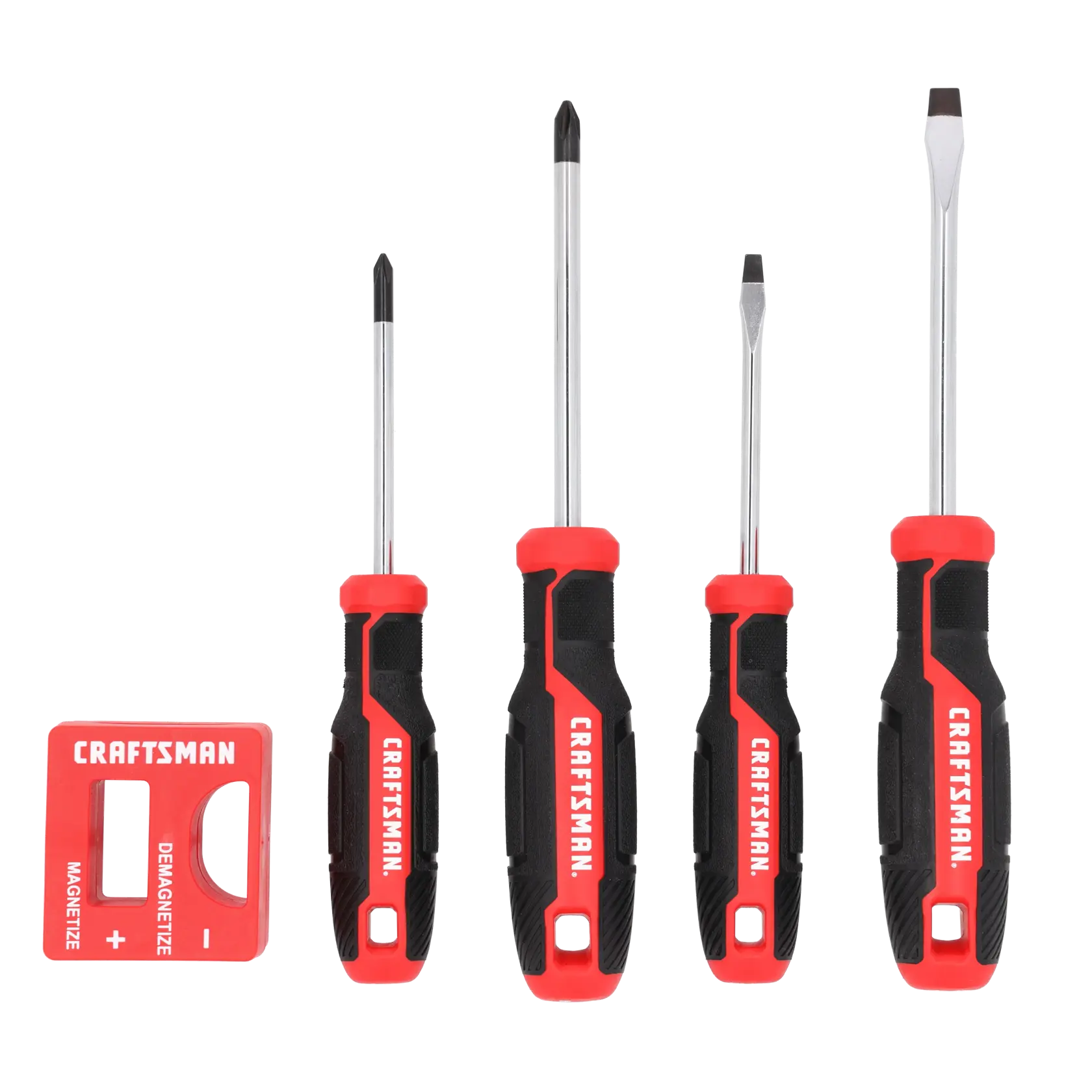 A set of four CRAFTSMAN screwdrivers with black and red handles, including two flathead and two Phillips head screwdrivers, displayed next to a red tool labeled 'CRAFTSMAN' used for magnetizing and demagnetizing.