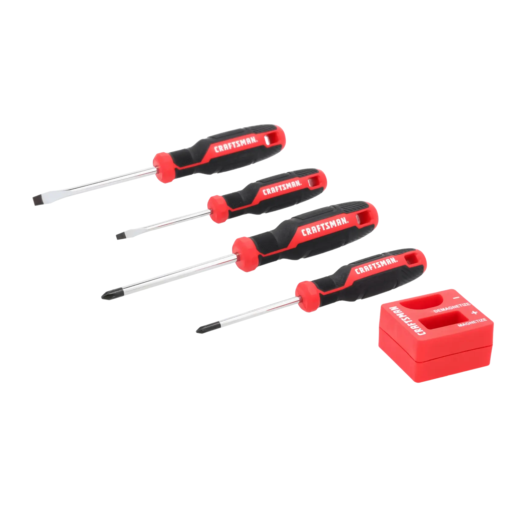A set of four screwdrivers with black and red handles, along with a small red magnetic tool, displayed on a white background.