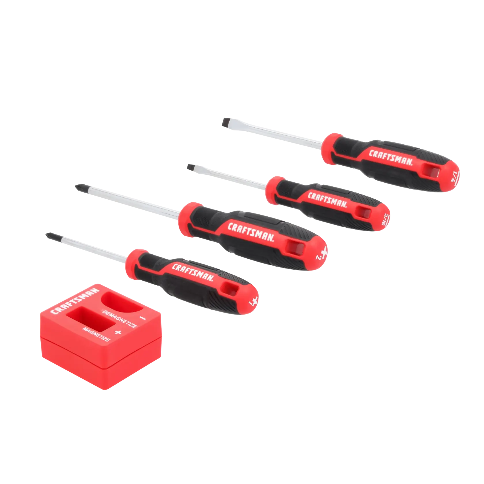 A set of four CRAFTSMAN screwdrivers with black and red handles, including both flathead and Phillips types, next to a red magnetizer/demagnetizer tool.