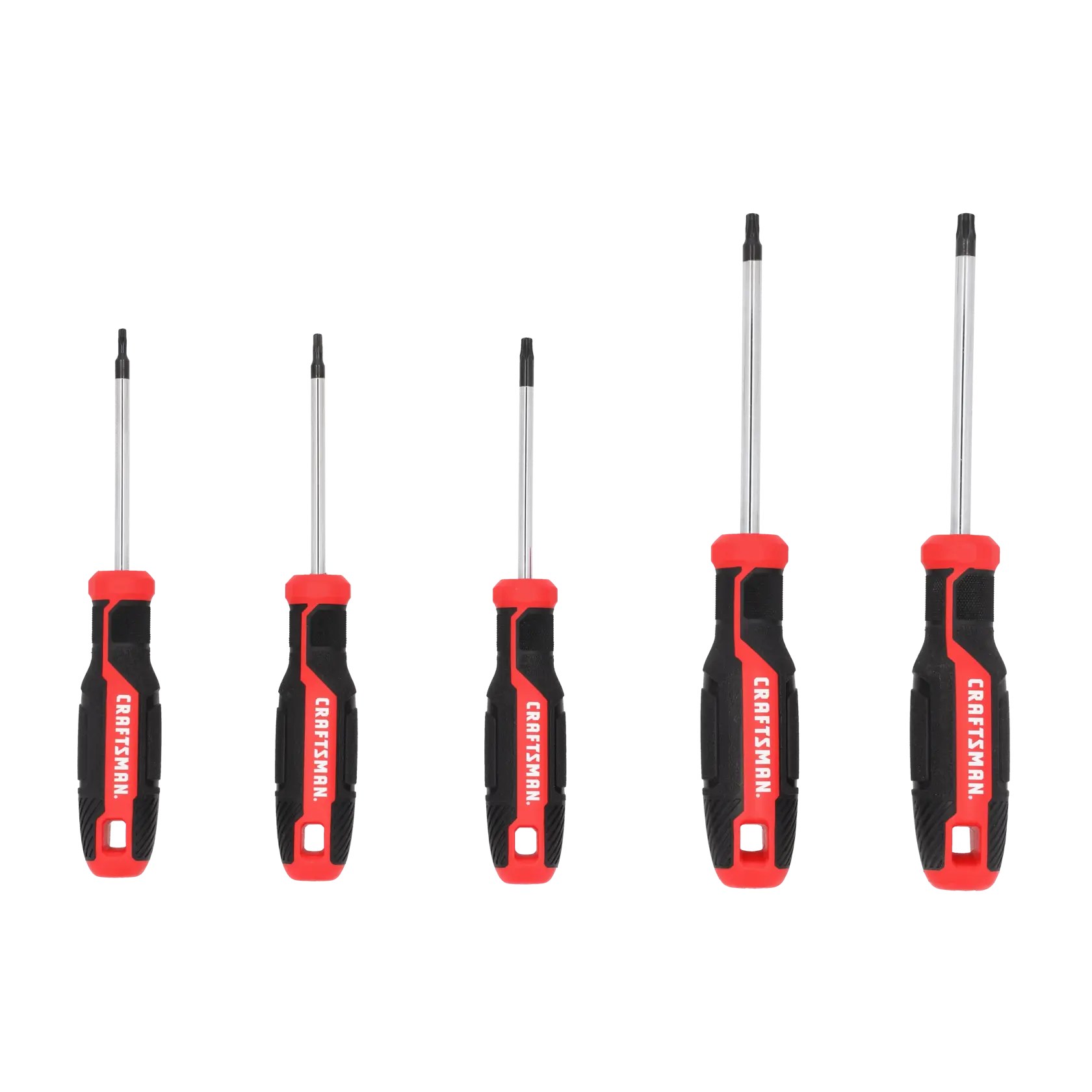 A set of five Craftsman screwdrivers with black and red handles, arranged in a row from smallest to largest, all with star-shaped (Torx) tips.