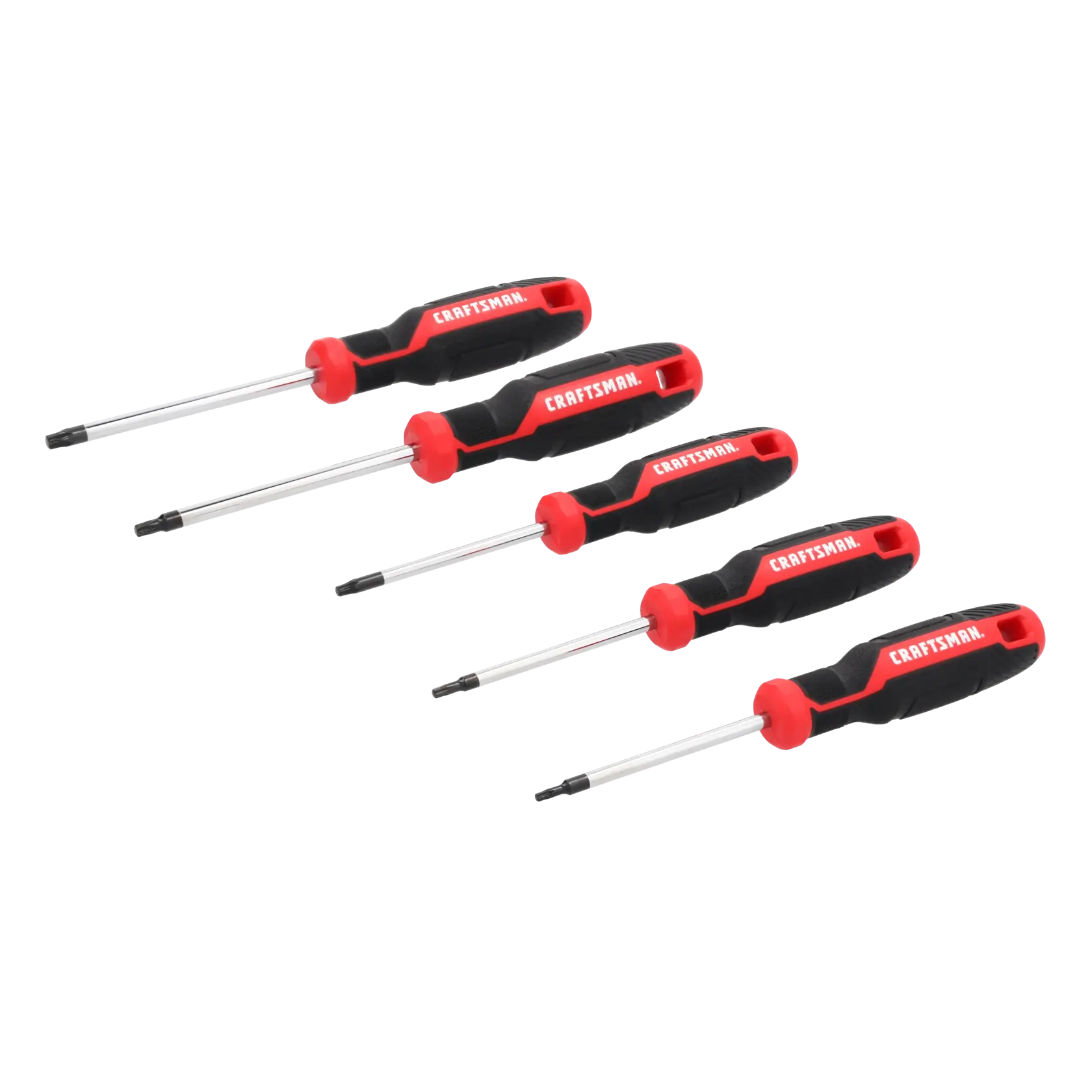 A set of five Craftsman screwdrivers with black and red handles, arranged in a row on a white background. Each screwdriver has a different-sized tip.