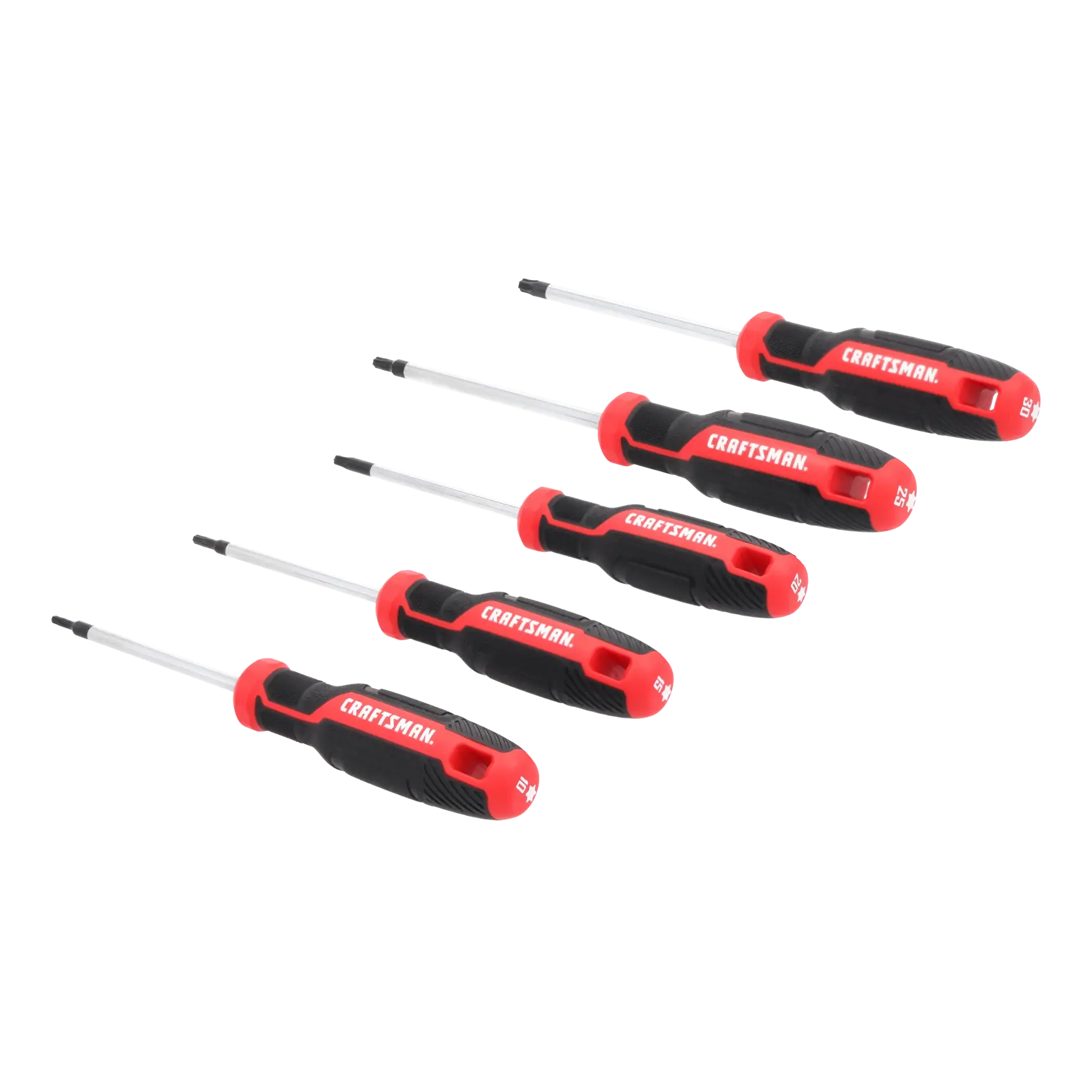 Five Craftsman brand screwdrivers with red and black handles, arranged in a row on a white background.