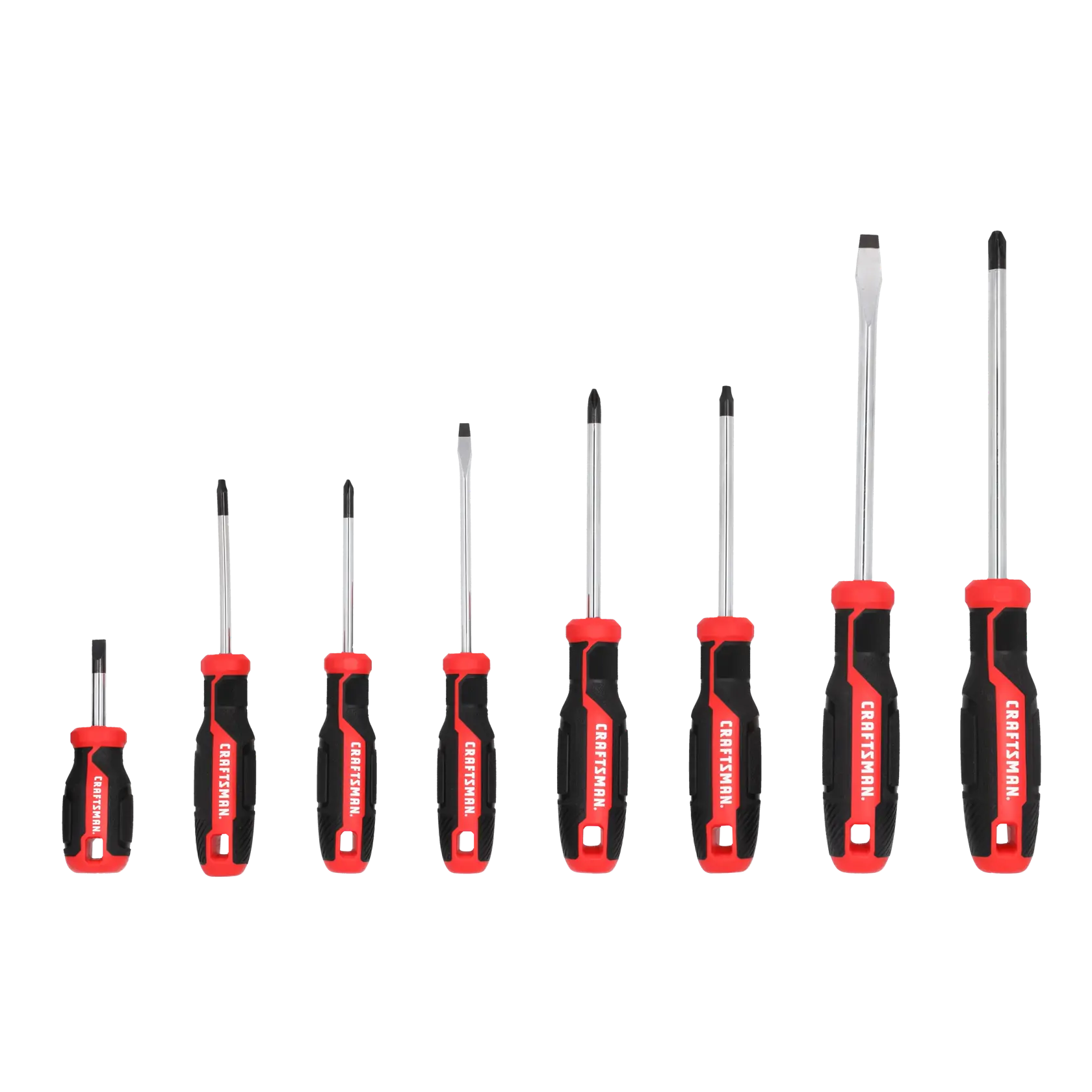 A set of eight screwdrivers with black and red handles arranged in a row, including both flat-head and Phillips-head types.