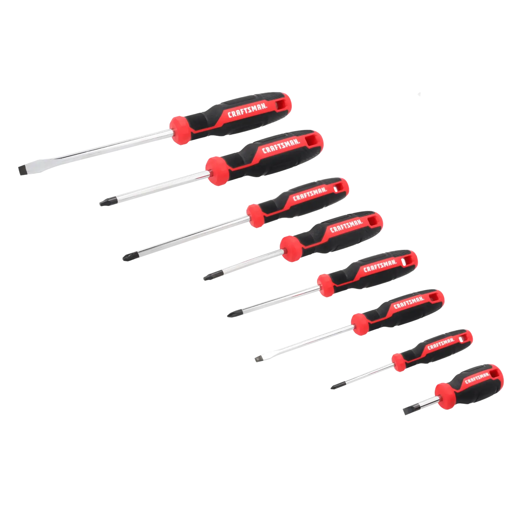 A set of seven screwdrivers with black and red handles, arranged in a row on a white background. The screwdrivers vary in size and include both flathead and Phillips head types.