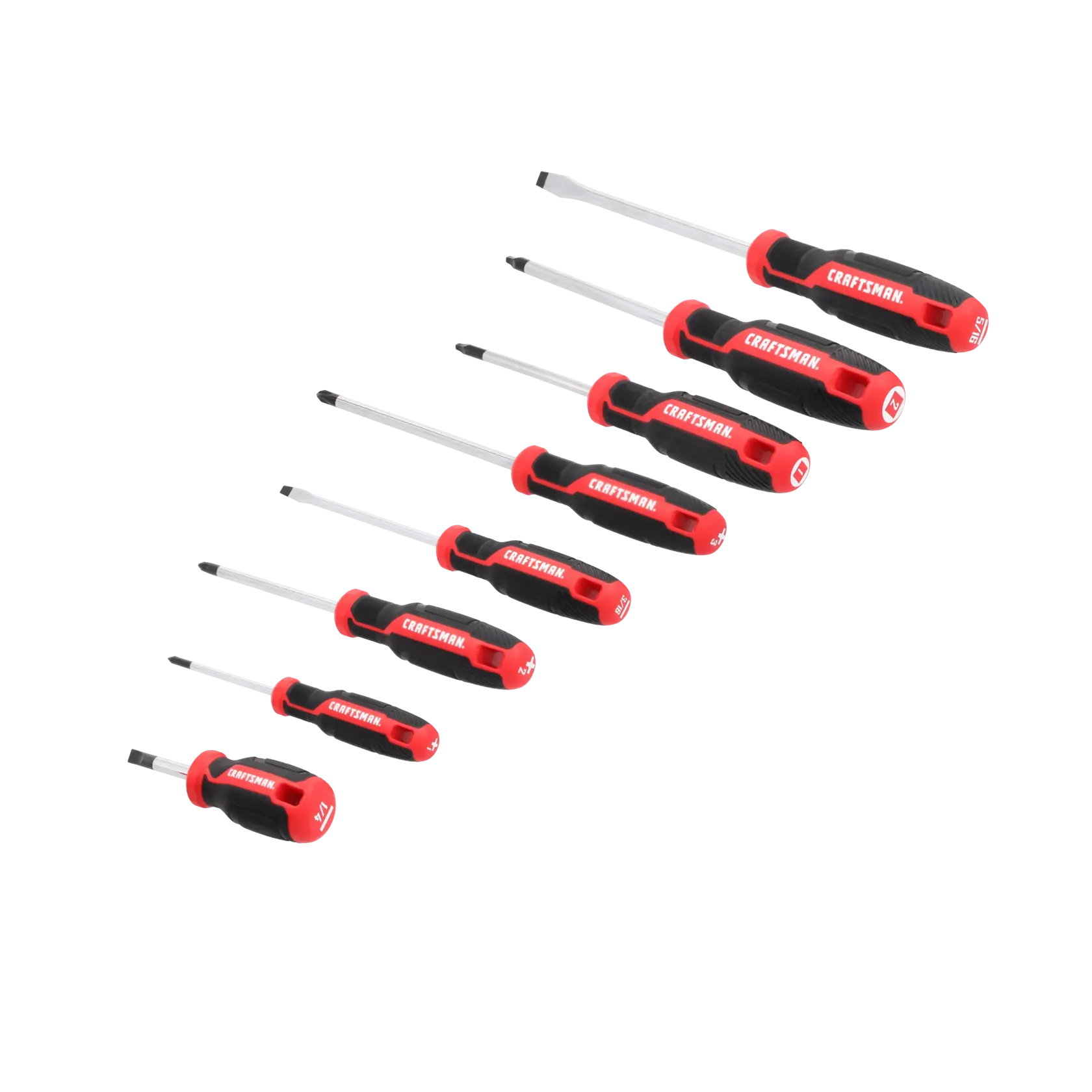 A set of seven screwdrivers with black and red handles, arranged in a diagonal line. The screwdrivers appear to be of varying sizes and include both flathead and Phillips head types. The handles have the brand name printed on them.
