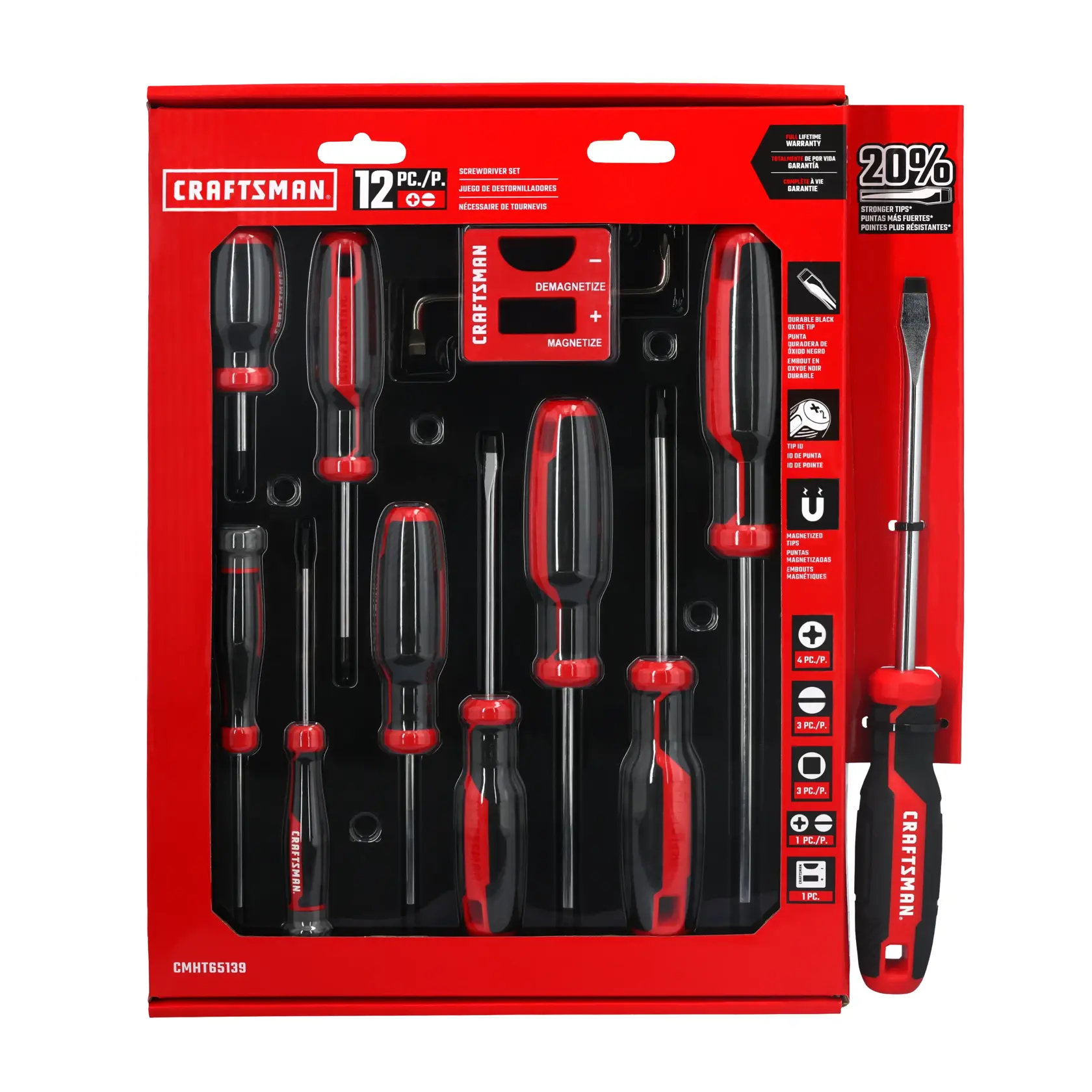 A set of ten hand screwdrivers with black and red handles arranged in a row, varying in size and type, including both Phillips and flathead screwdrivers. The set also includes a small red wall mount organizer and a hex key. The brand name 'CRAFTSMAN' is visible on the handles and the organizer.