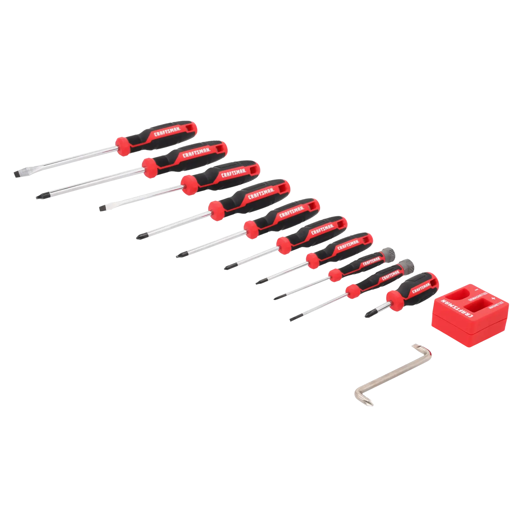 A set of ten screwdrivers with red and black handles, a red accessory box, and a small metal tool laid out on a white surface.