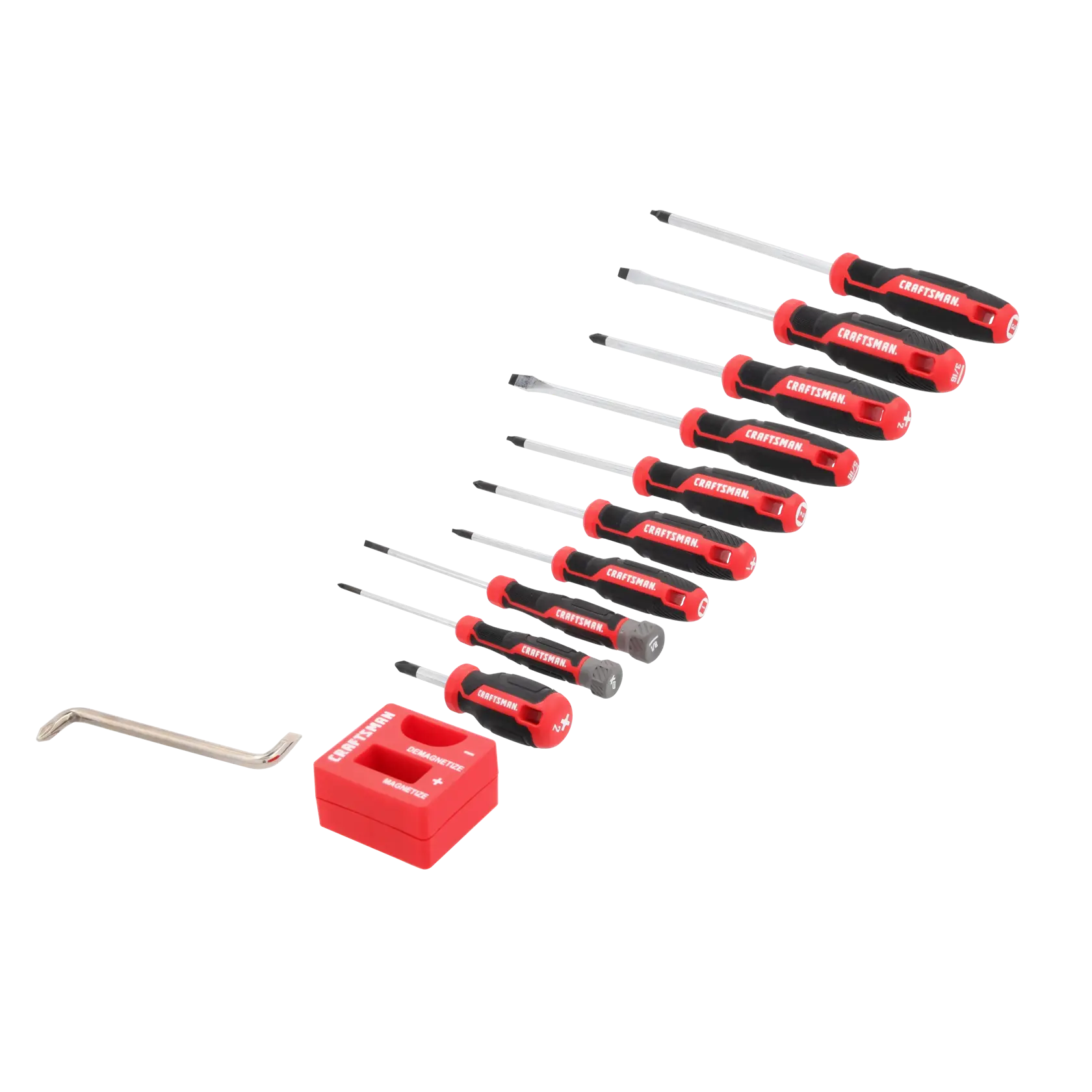 A set of nine red and black screwdrivers of various sizes arranged in a row. Also shown are a metal L-shaped hex key and a red box labeled 'Craftsman' with the words 'Demagnetizer' and 'Magnetizer'.
