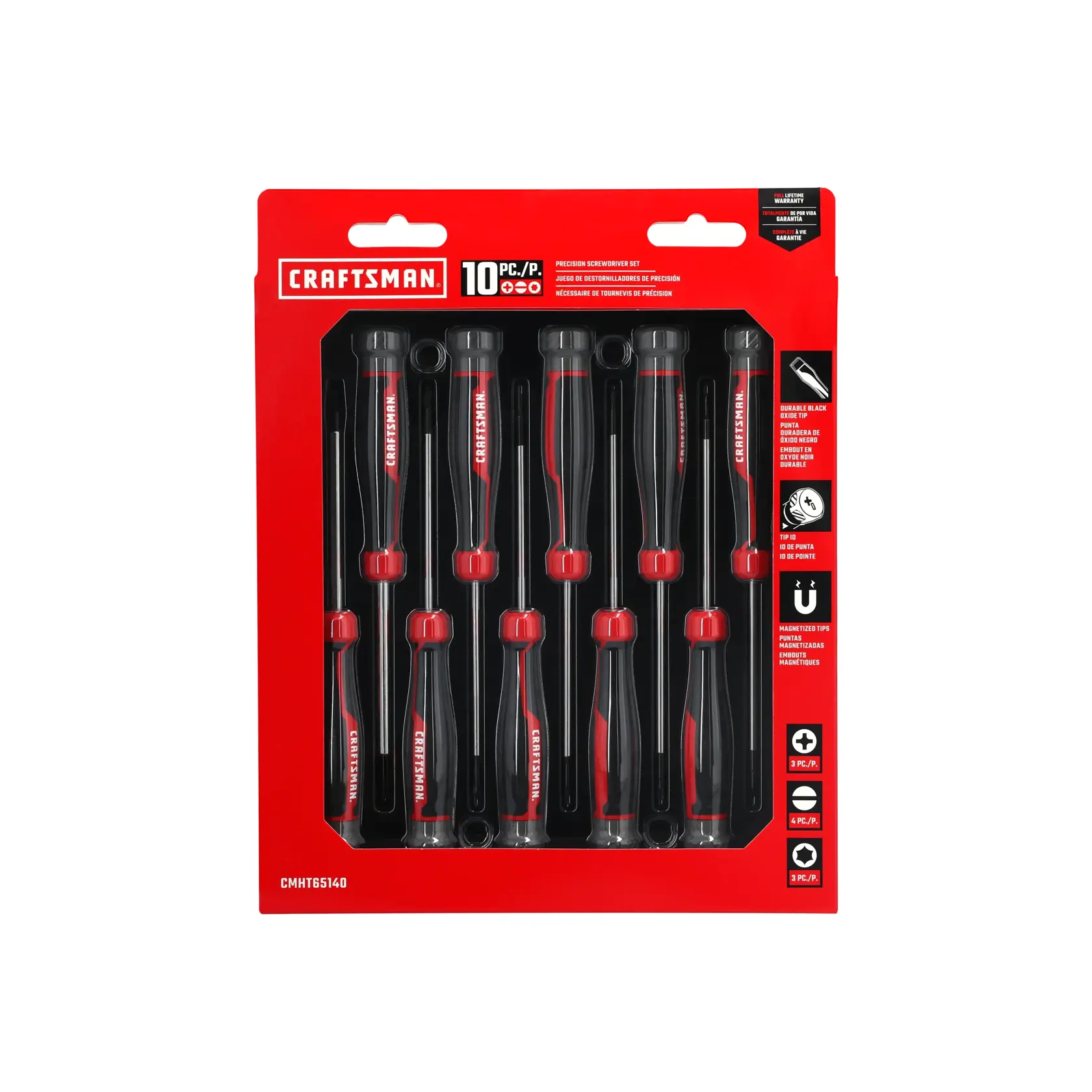A set of ten precision screwdrivers with black and red handles, arranged in a row and standing upright. Each handle is labeled with the word 'Craftsman', and the screwdriver tips vary in size and type.