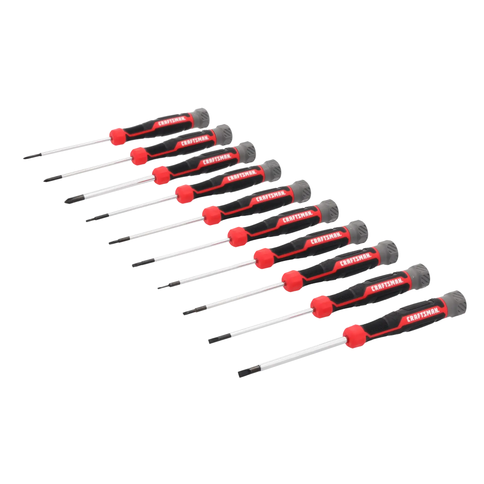 A set of ten precision screwdrivers with black and red handles, each labeled with the brand name CRAFTSMAN. The screwdrivers are arranged in a row, showing various types and sizes of tips.