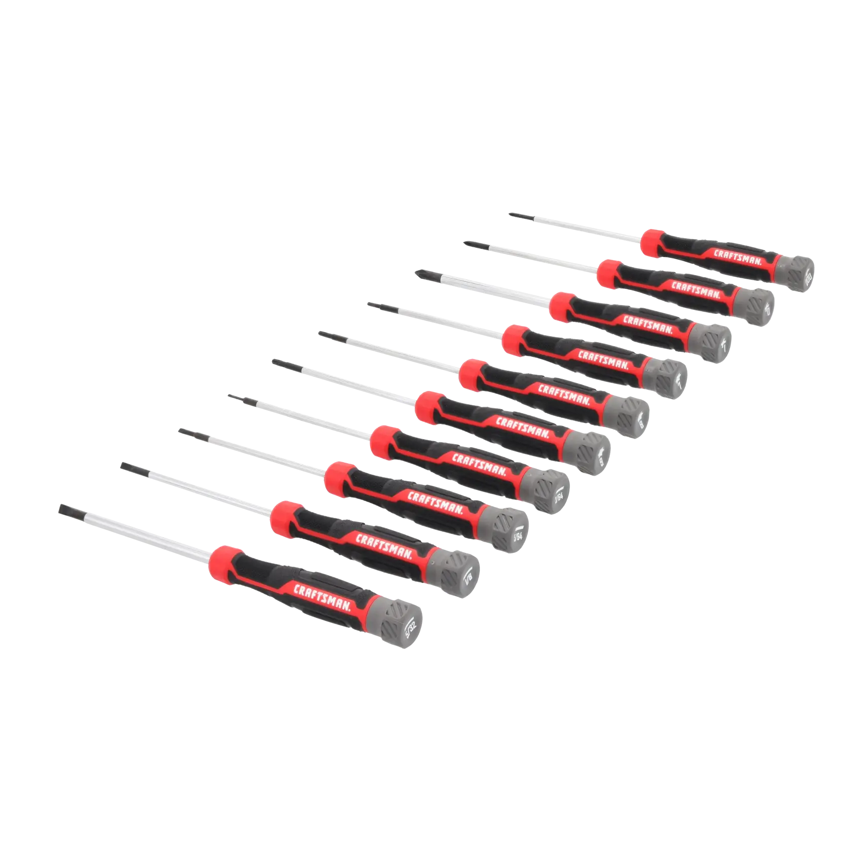 A set of nine precision screwdrivers with black and red handles arranged in a row, each with different tip shapes and sizes.