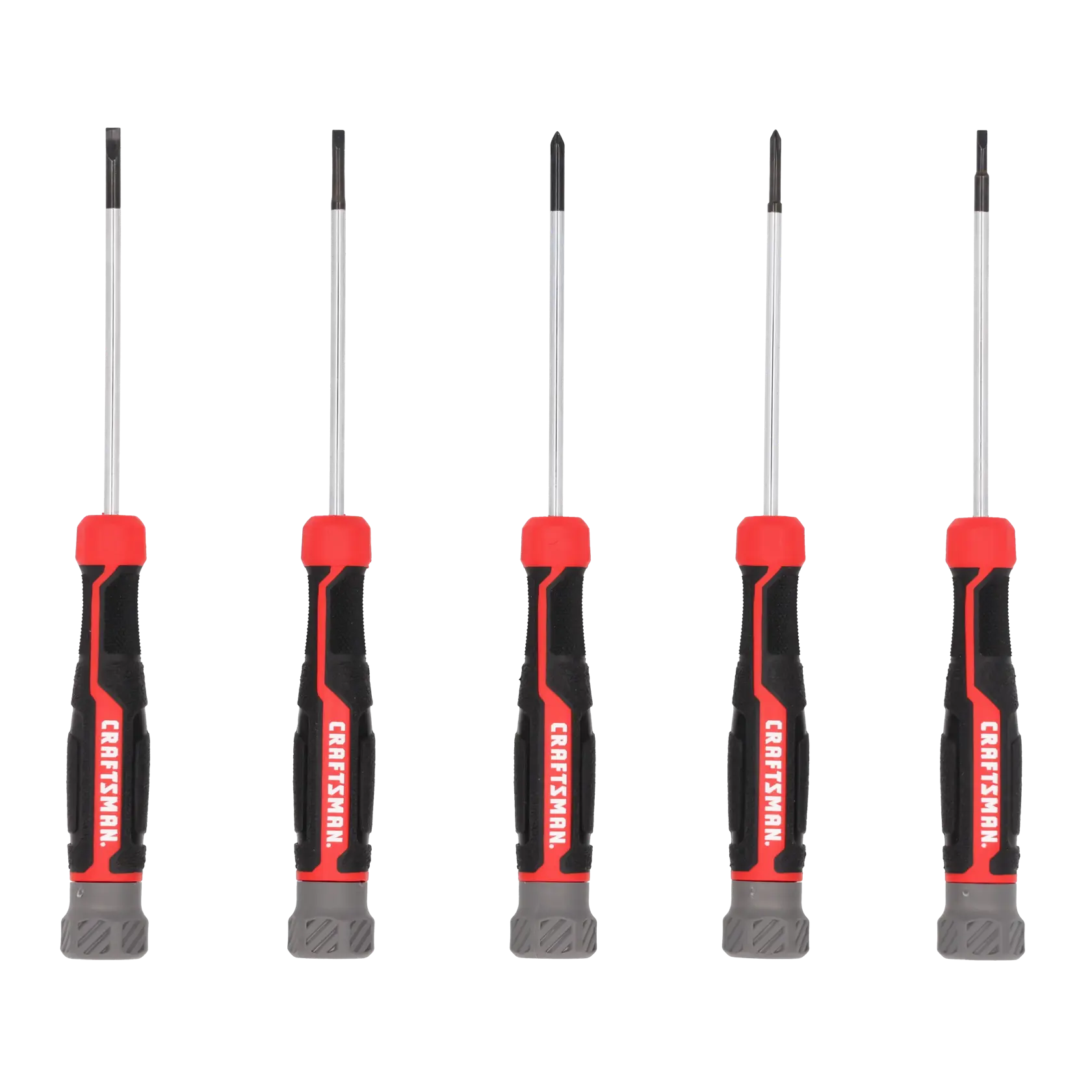 A set of five Craftsman screwdrivers with red and black handles, arranged upright in a row. The set includes both flathead and Phillips head screwdrivers.