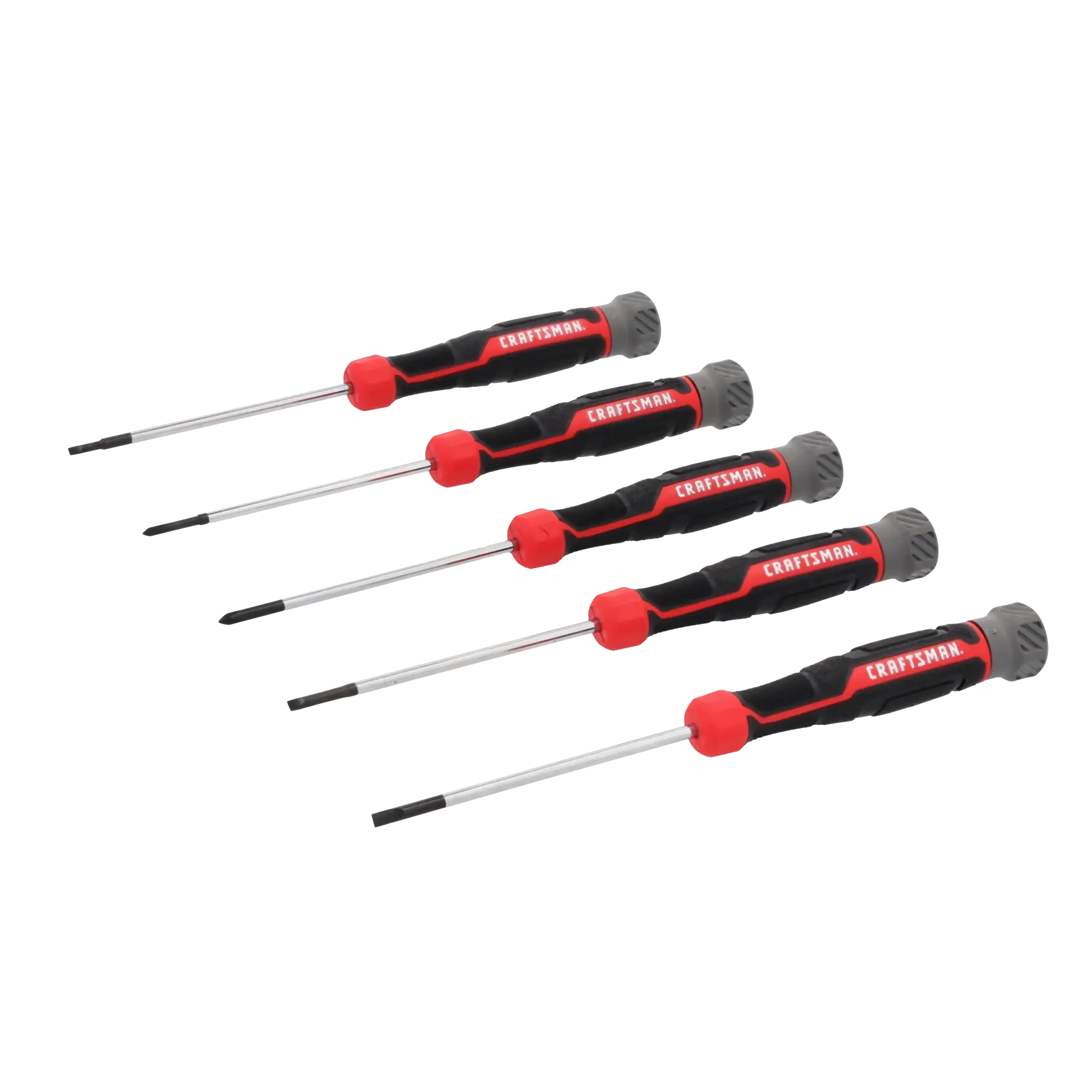 Five precision screwdrivers with black and red handles displayed in a row, each labeled with the brand 'Craftsman', suitable for detailed or small-scale repair work.