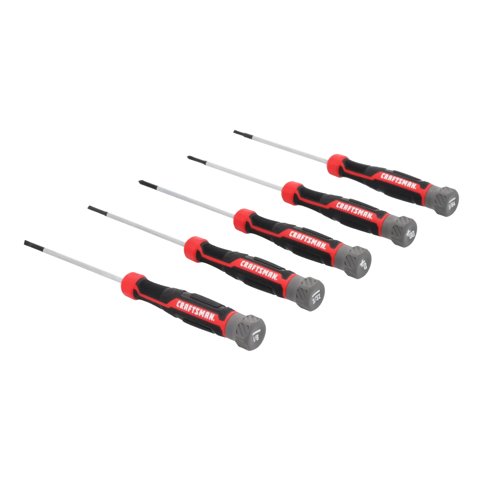A set of five precision screwdrivers with black and red handles, labeled 'Craftsman' and grey end caps, arranged in a line.