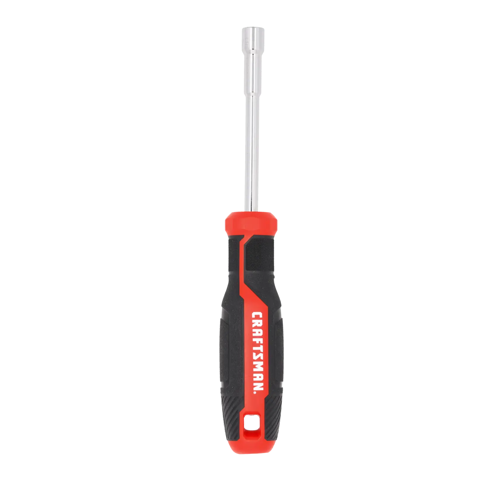 A nut driver tool with a black and red handle. The handle has a textured grip and the brand name appears in white letters. The metal shaft extends to a hexagonal socket at the end, used for tightening or loosening nuts and bolts.