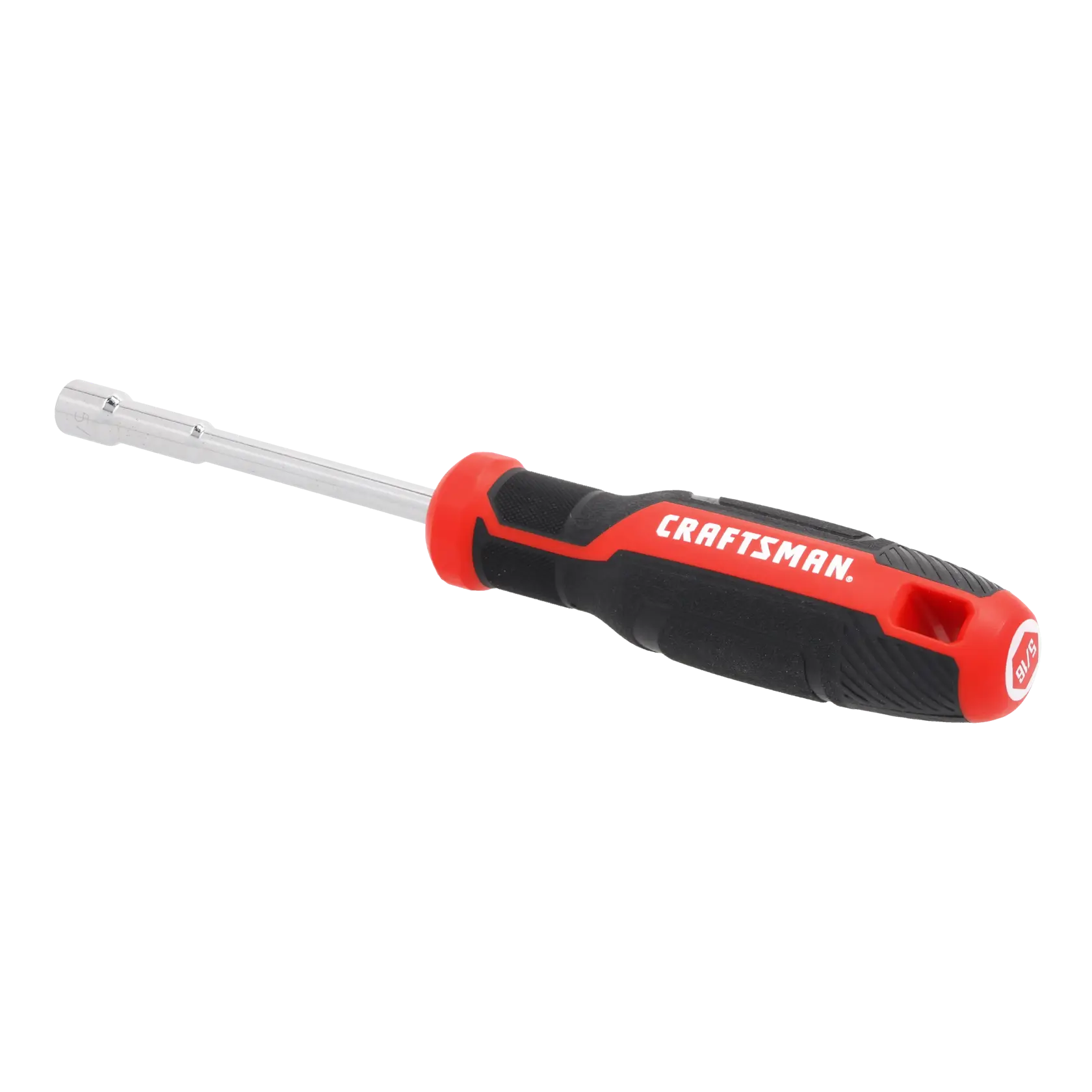 A Craftsman branded nut driver with a black and red handle and a metallic shaft. The tool is designed for tightening and loosening nuts.
