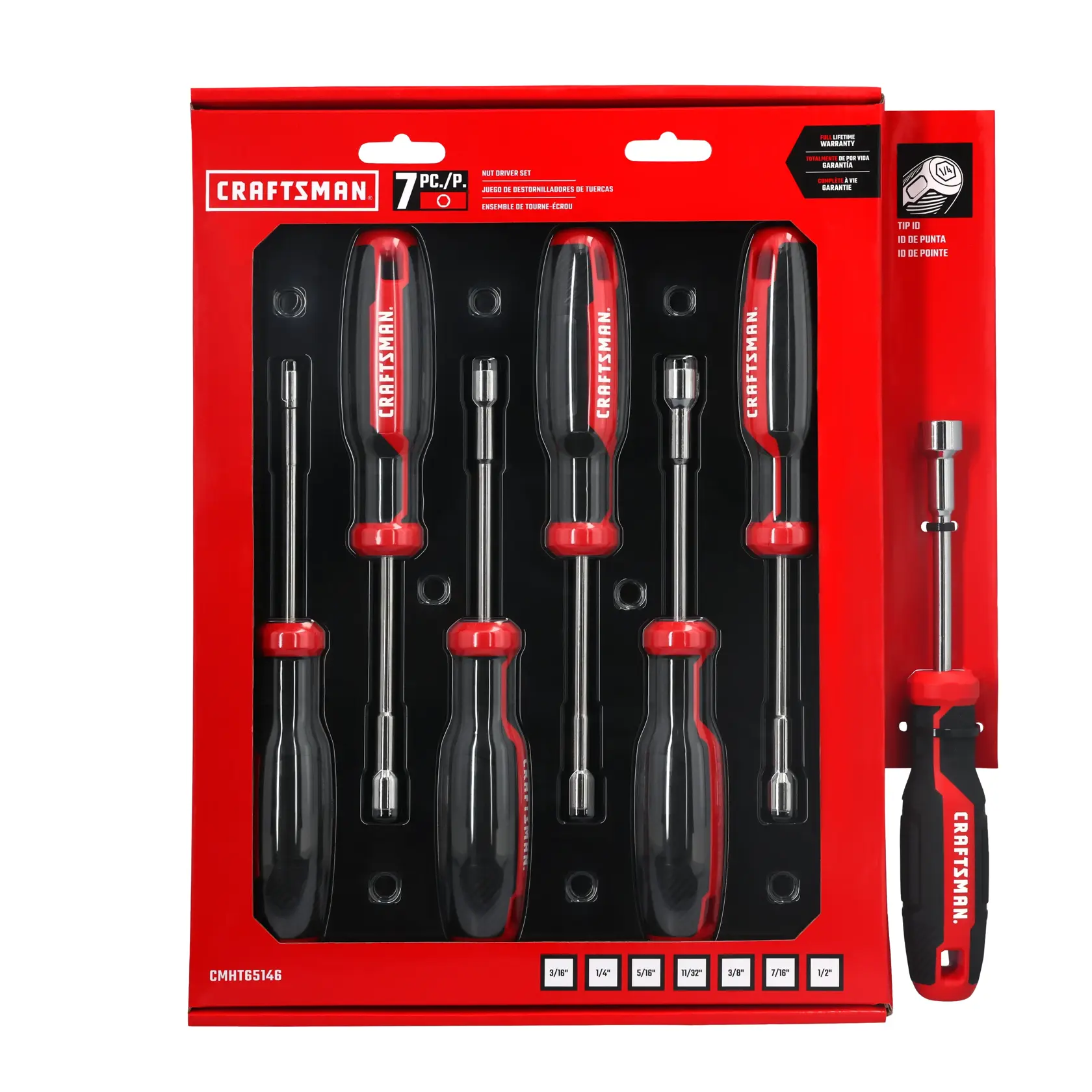 A set of seven Craftsman nut drivers with black and red handles, arranged in a row. Each tool has a metal shaft and a different size socket at the tip.